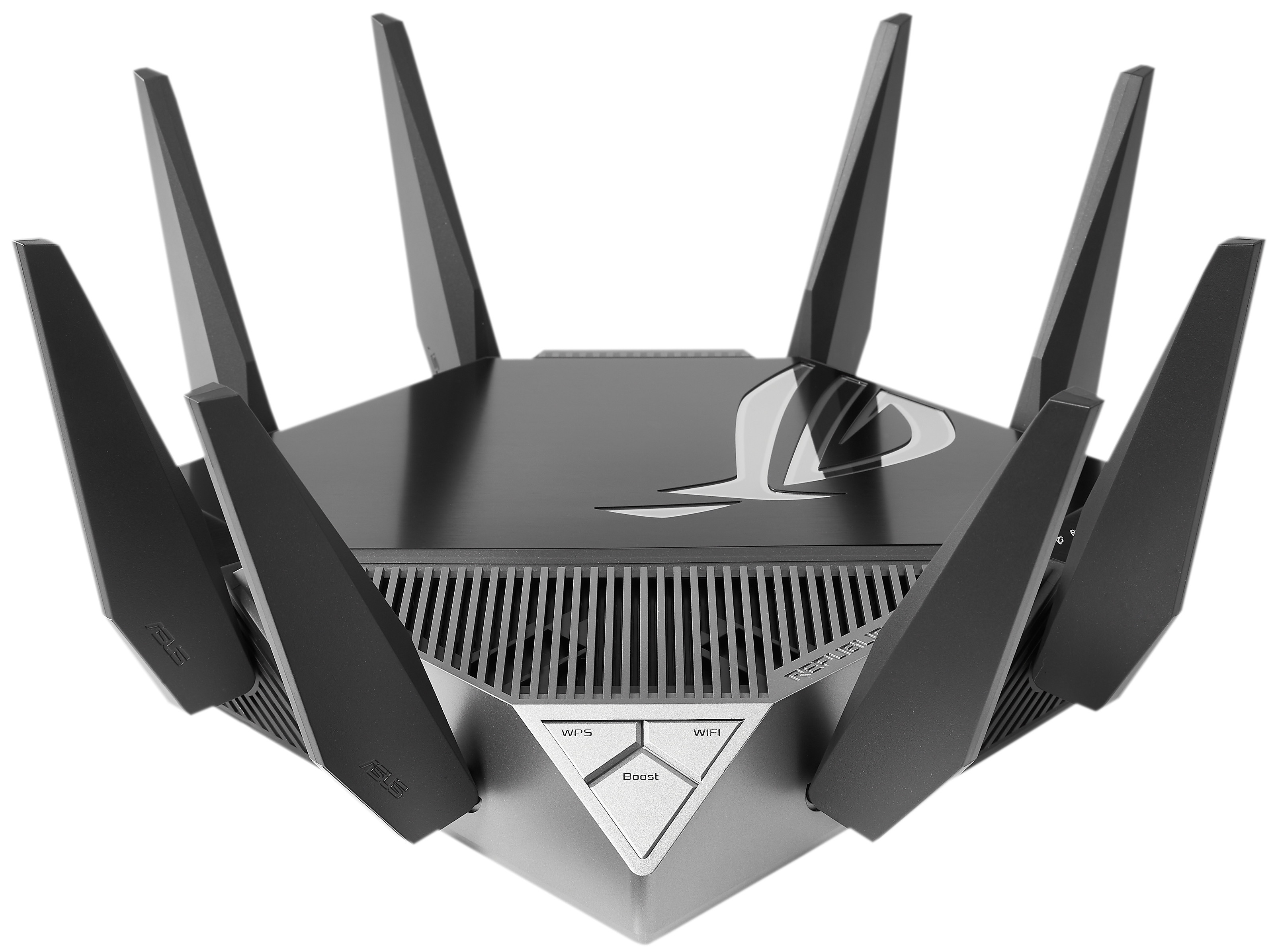 Routeur Asus ROG noir et argent. Il possède plusieurs antennes et un bouton boost.