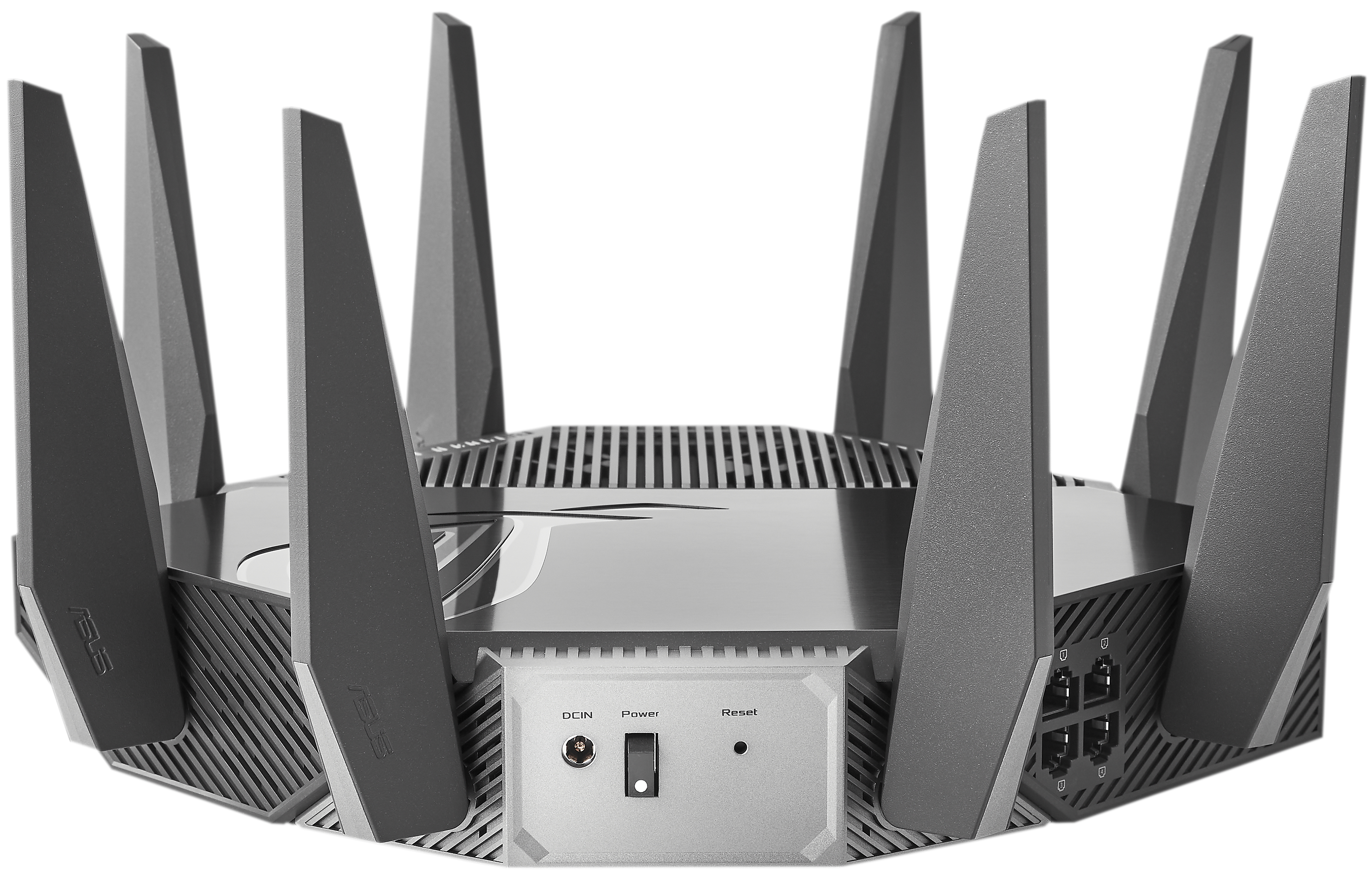 Un routeur avec plusieurs antennes. L'arrière du routeur comporte des ports et un bouton d'alimentation.