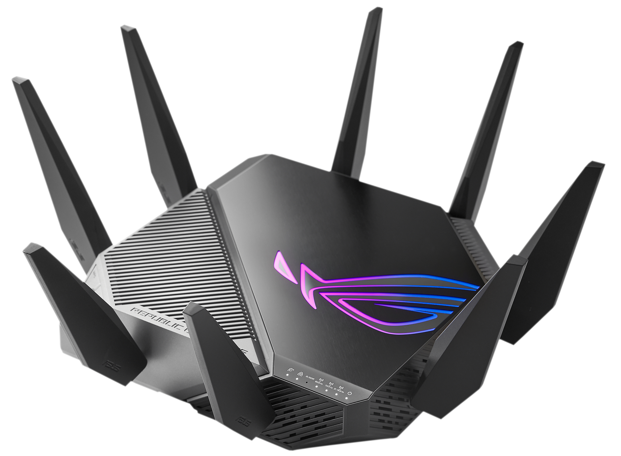 Routeur noir et argenté avec six antennes. Le routeur a des LED.