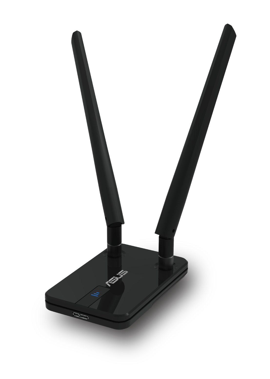 Un adaptateur Wi-Fi ASUS noir avec deux antennes orientées vers le haut. La base a un port USB et un voyant bleu.