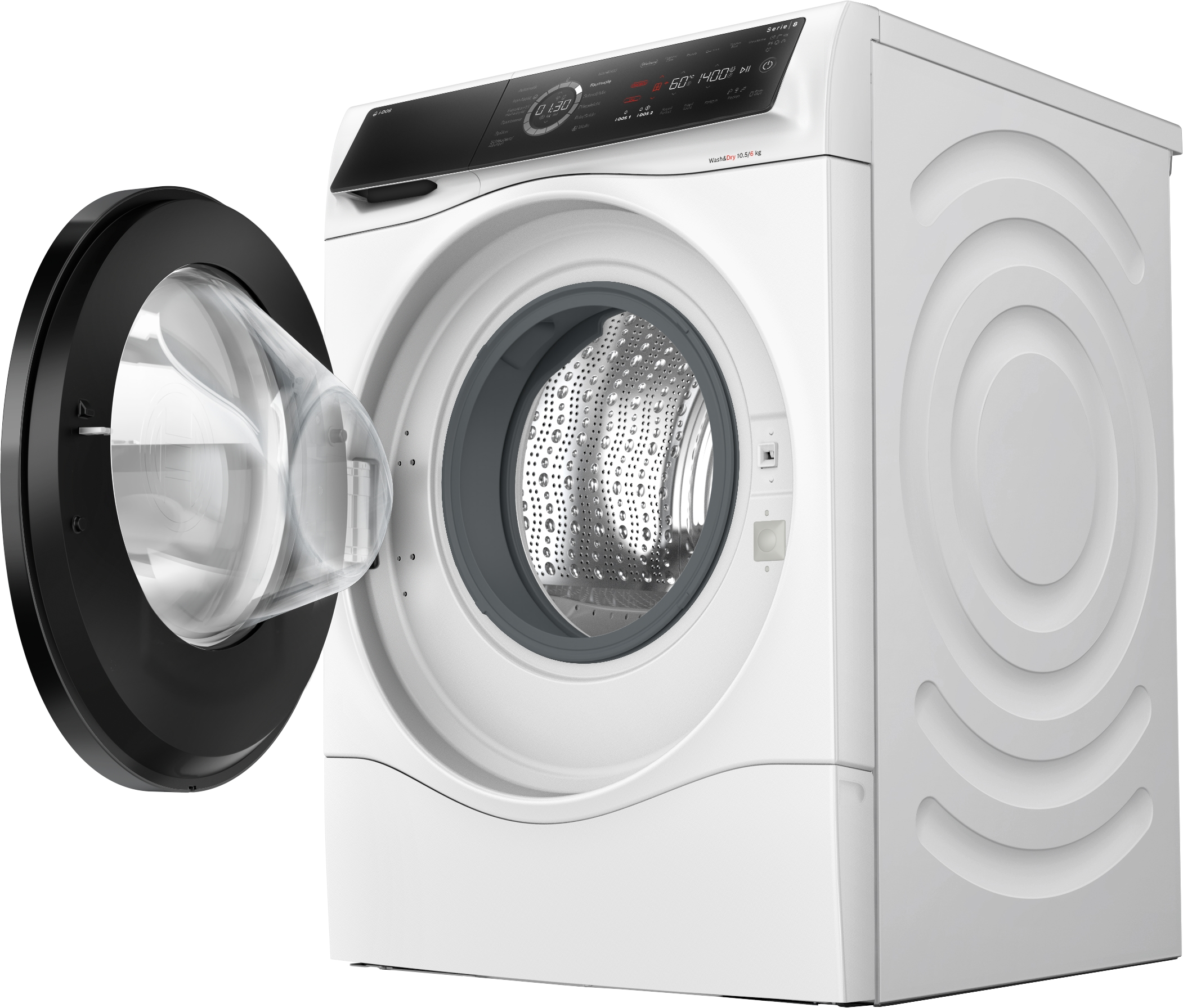 Eine weiße Waschmaschine mit schwarzer Tür ist geöffnet. Das Bedienfeld ist schwarz. Die Tür ist transparent.