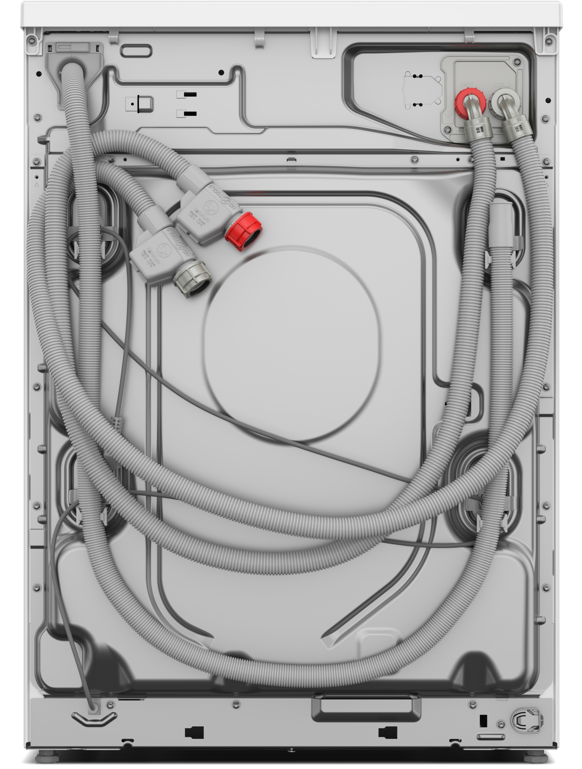 Rückseite einer Waschmaschine. Graue Schläuche und Anschlüsse vor weißem und grauem Metallhintergrund.