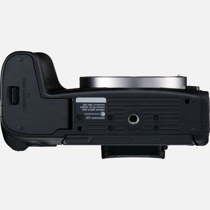 Schwarze Canon-Kamera Seitenansicht, zeigt Anschluss und Griff.