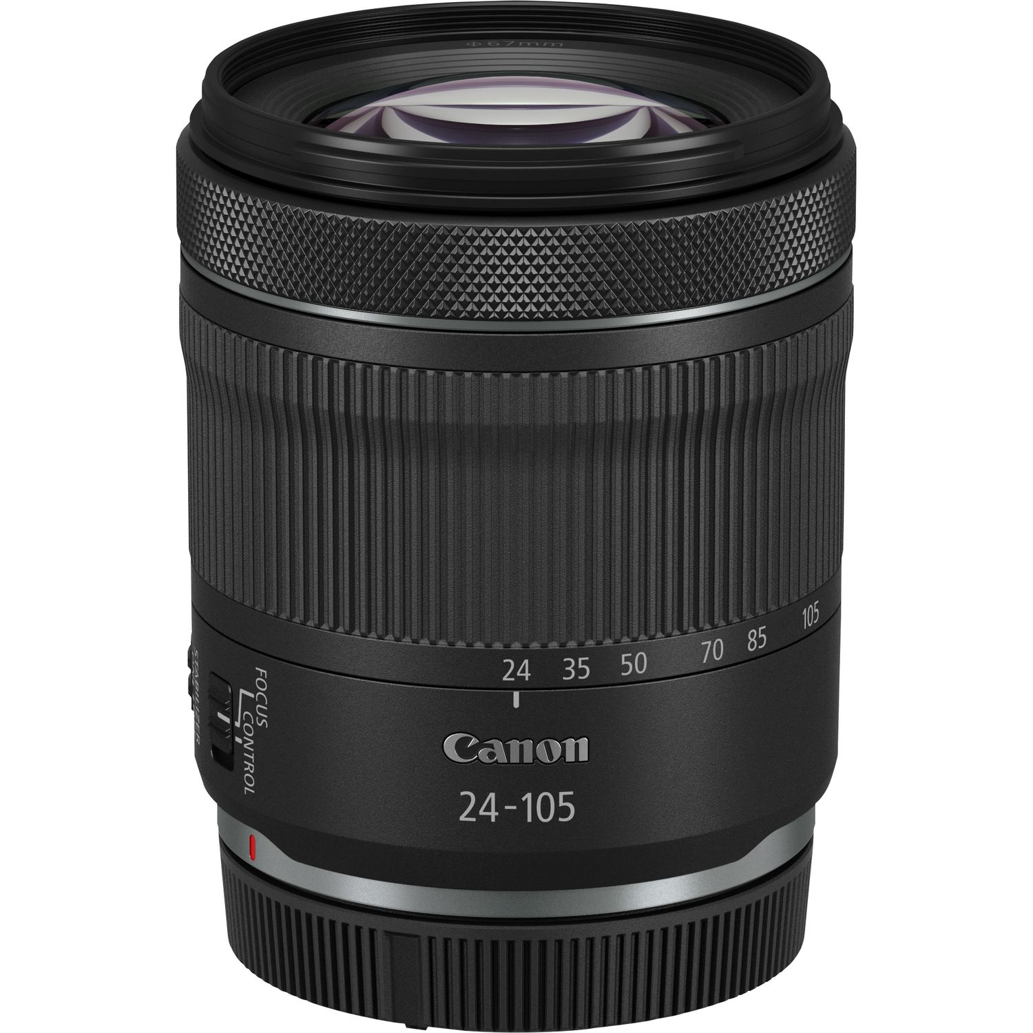 Ein schwarzes Canon 24-105mm Objektiv mit Fokus- und Zoom-Steuerung und strukturiertem Gehäuse.