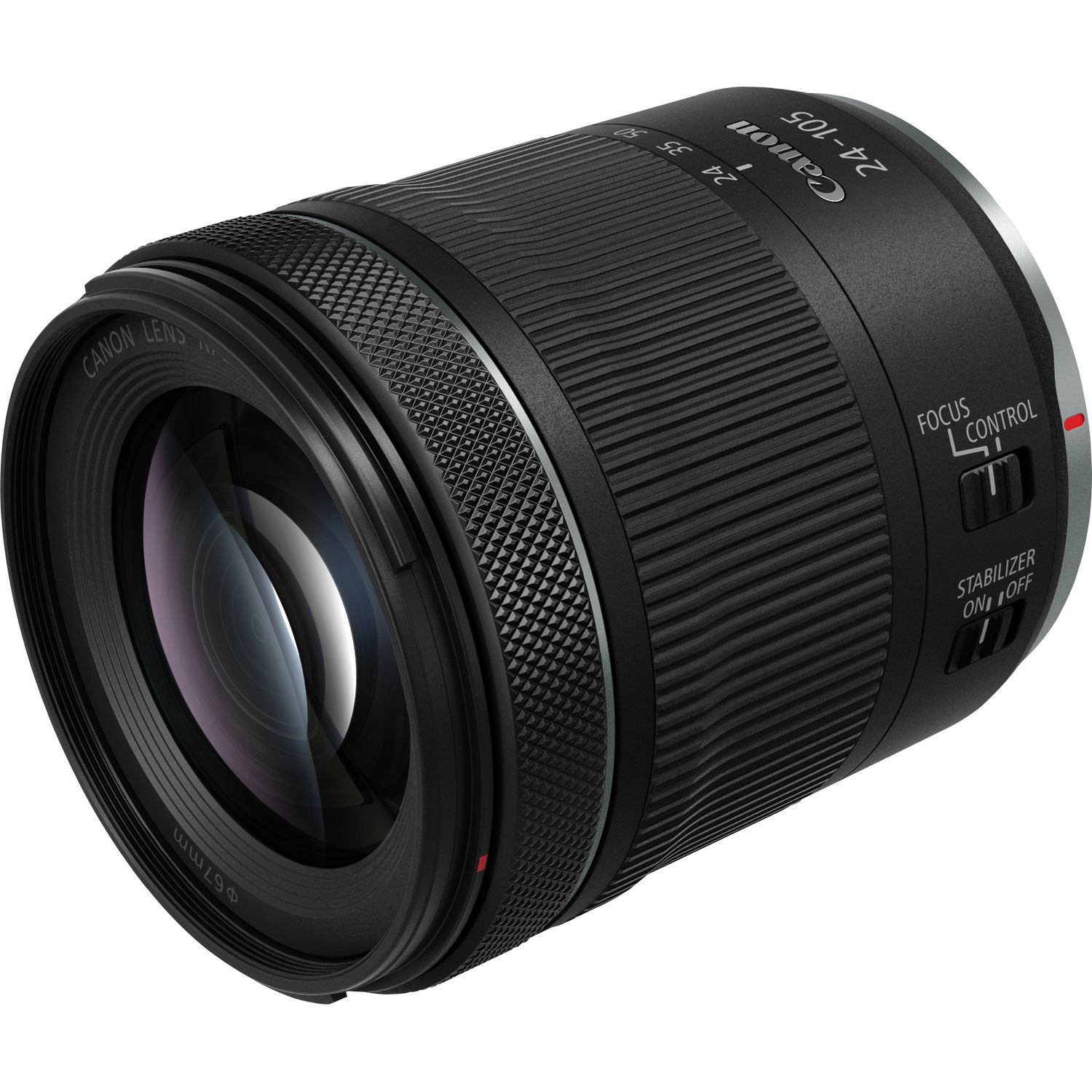 Ein Canon-Objektiv, schwarz, mit Fokus- und Stabilisator-Steuerung.