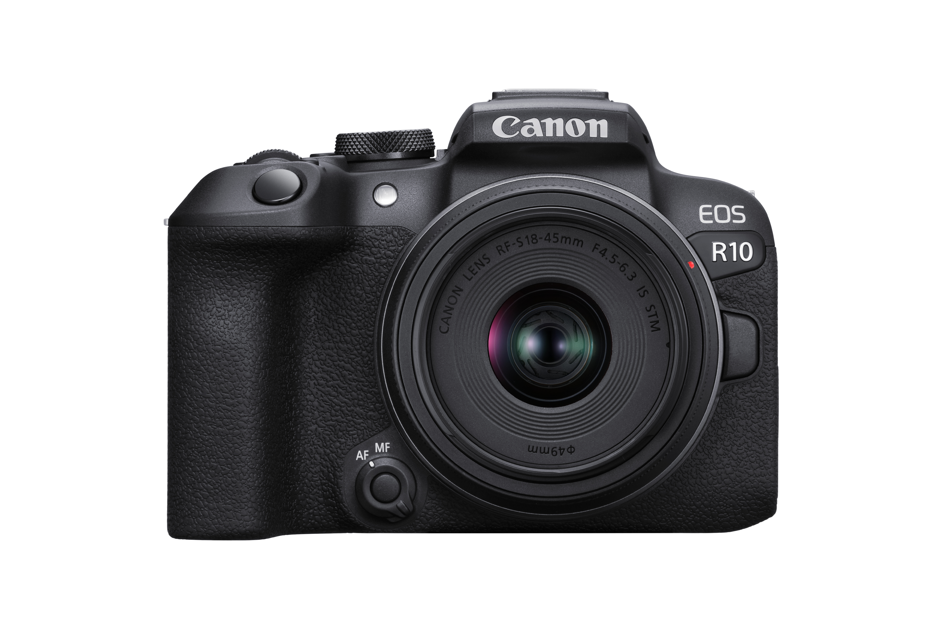 Schwarze Canon EOS R10 Kamera mit Objektiv, Vorderansicht.