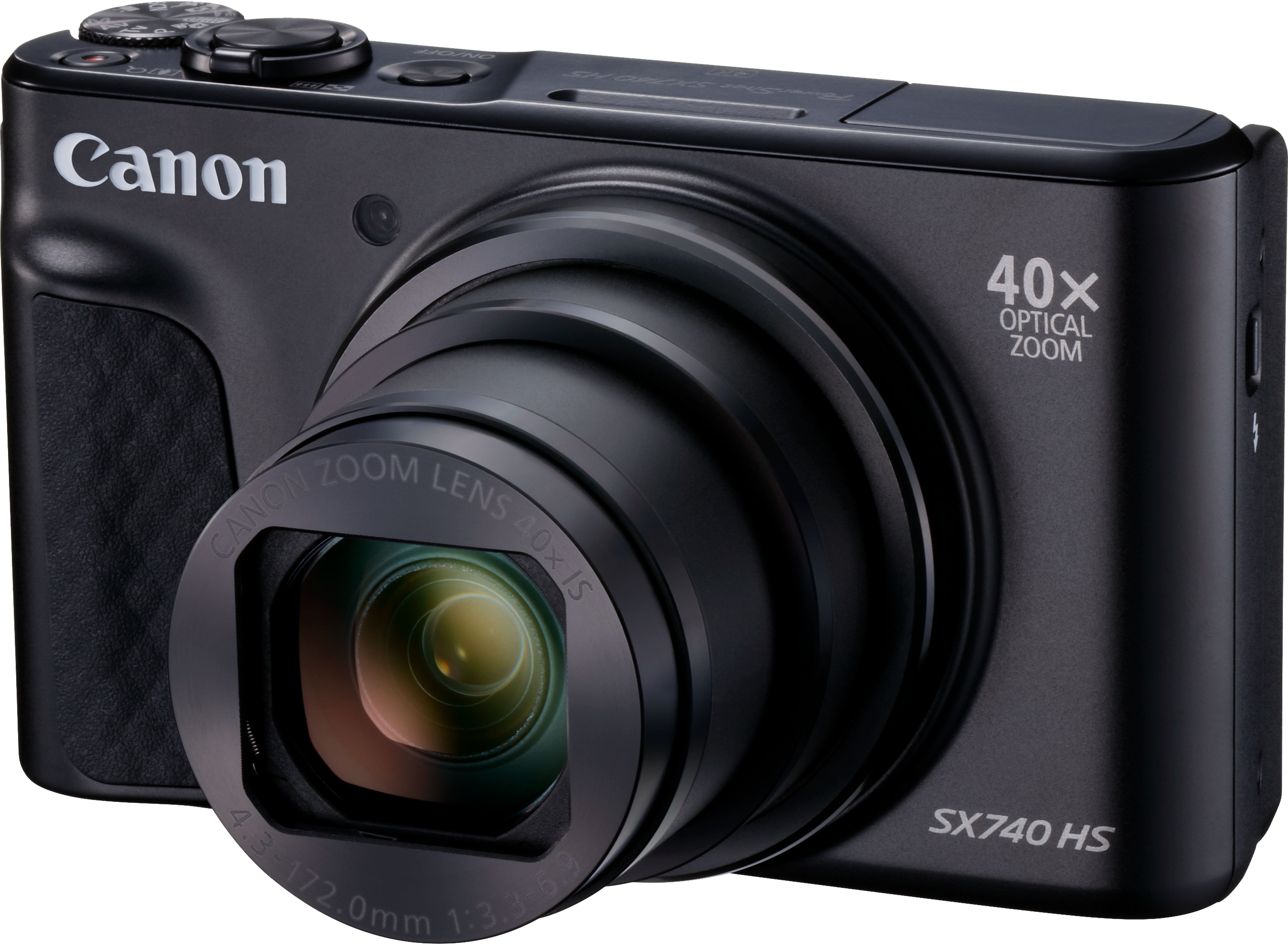 Fotocamera Canon nera, vista frontale, con obiettivo esteso, etichetta zoom ottico 40x visibile.