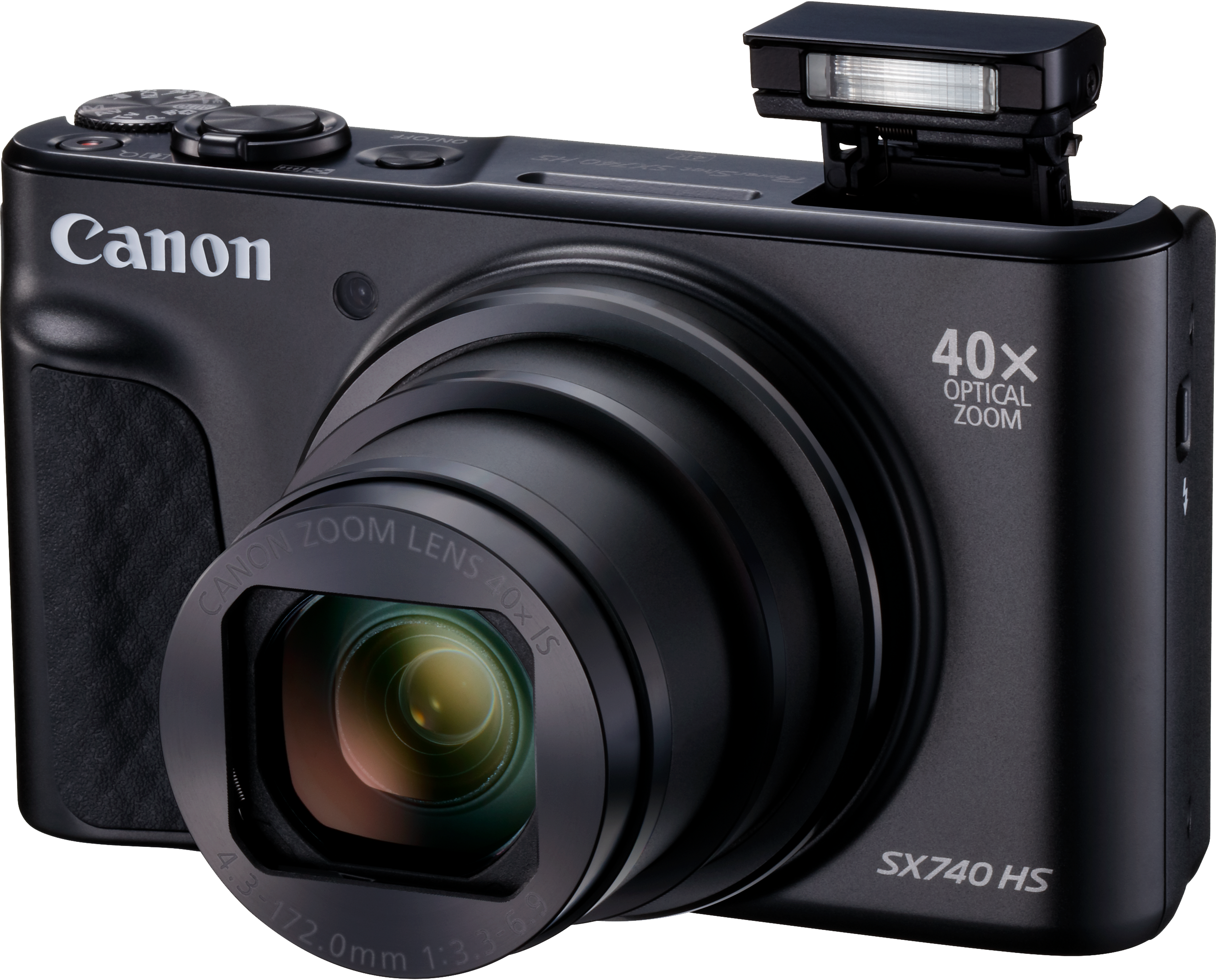 Fotocamera Canon, nera, vista frontale, flash in alto, obiettivo esteso. Etichetta zoom ottico 40x.