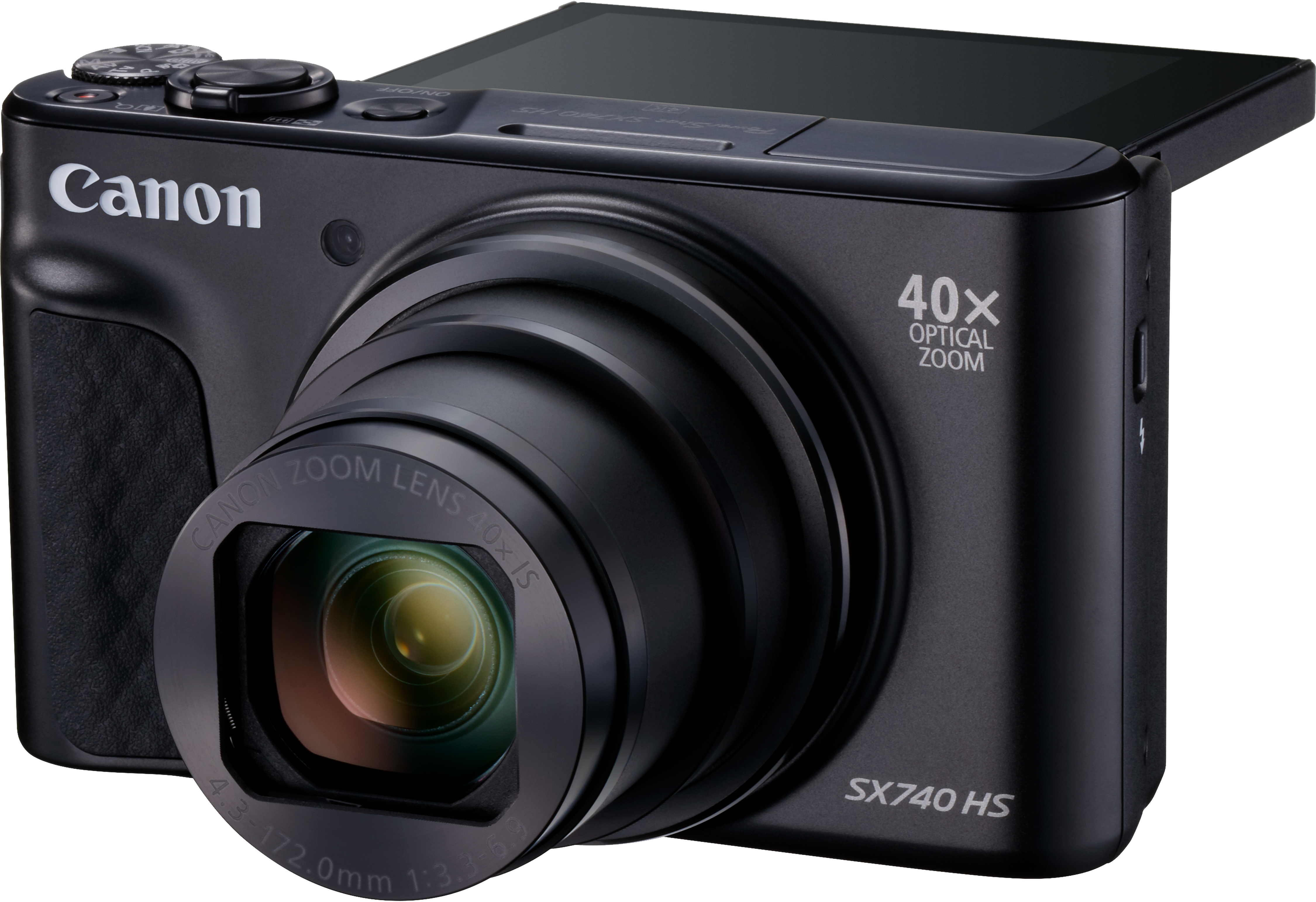 Fotocamera Canon SX740 HS nera con obiettivo zoom. Ha uno zoom ottico 40x e uno schermo aperto nella parte superiore.