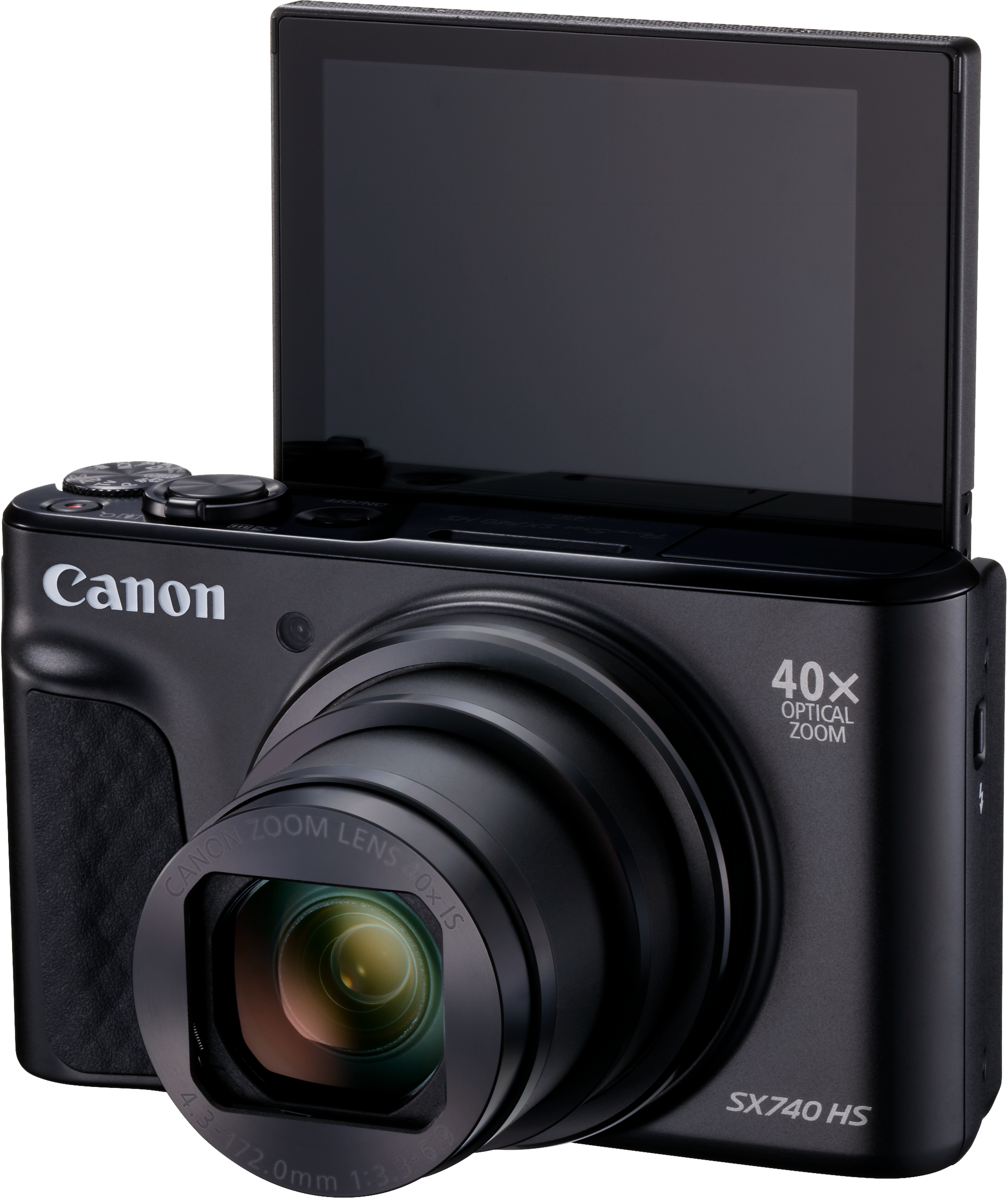 Fotocamera Canon nera con schermo aperto e obiettivo. Zoom ottico 40x.