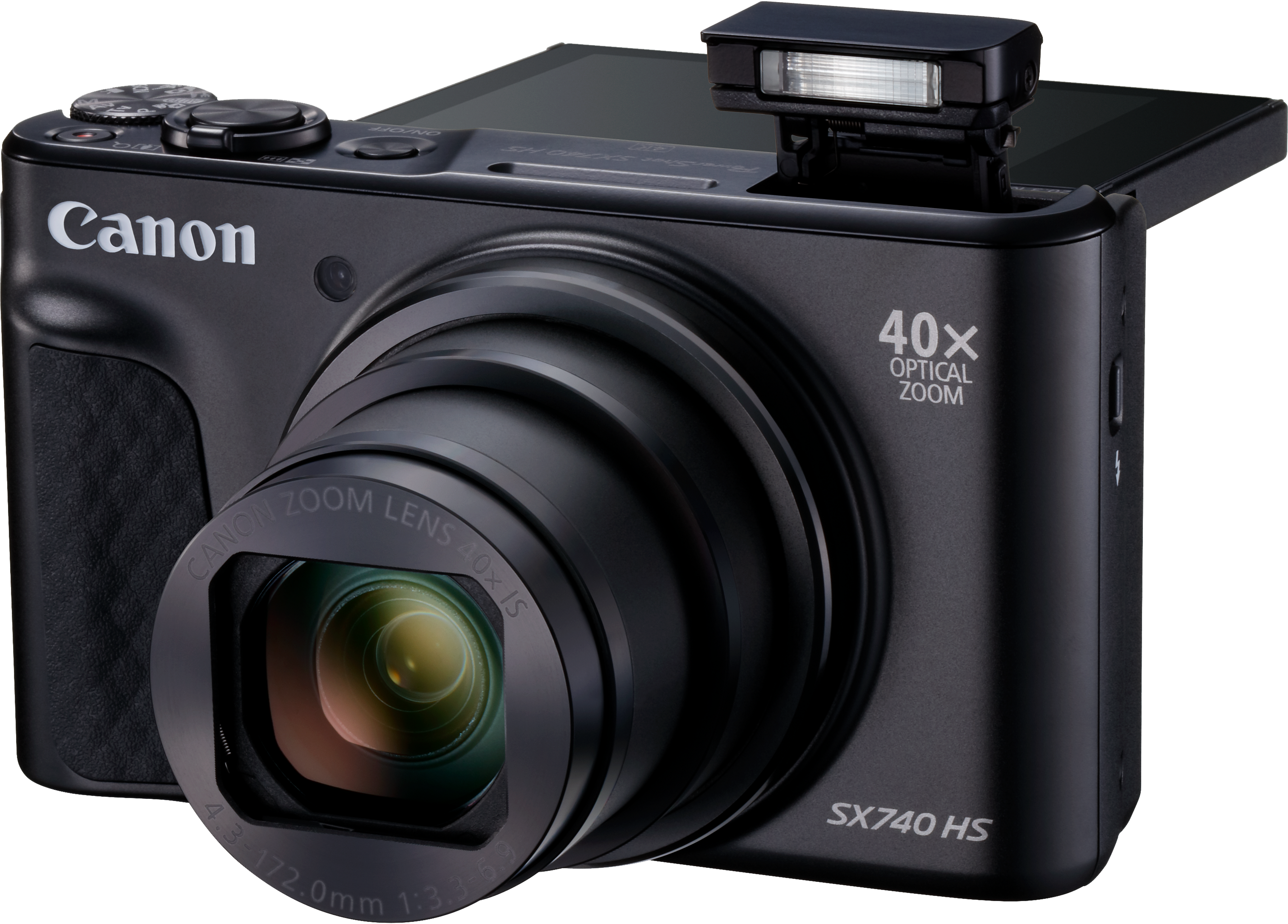 Fotocamera Canon nera con obiettivo, flash a comparsa e display digitale. Zoom ottico 40x.