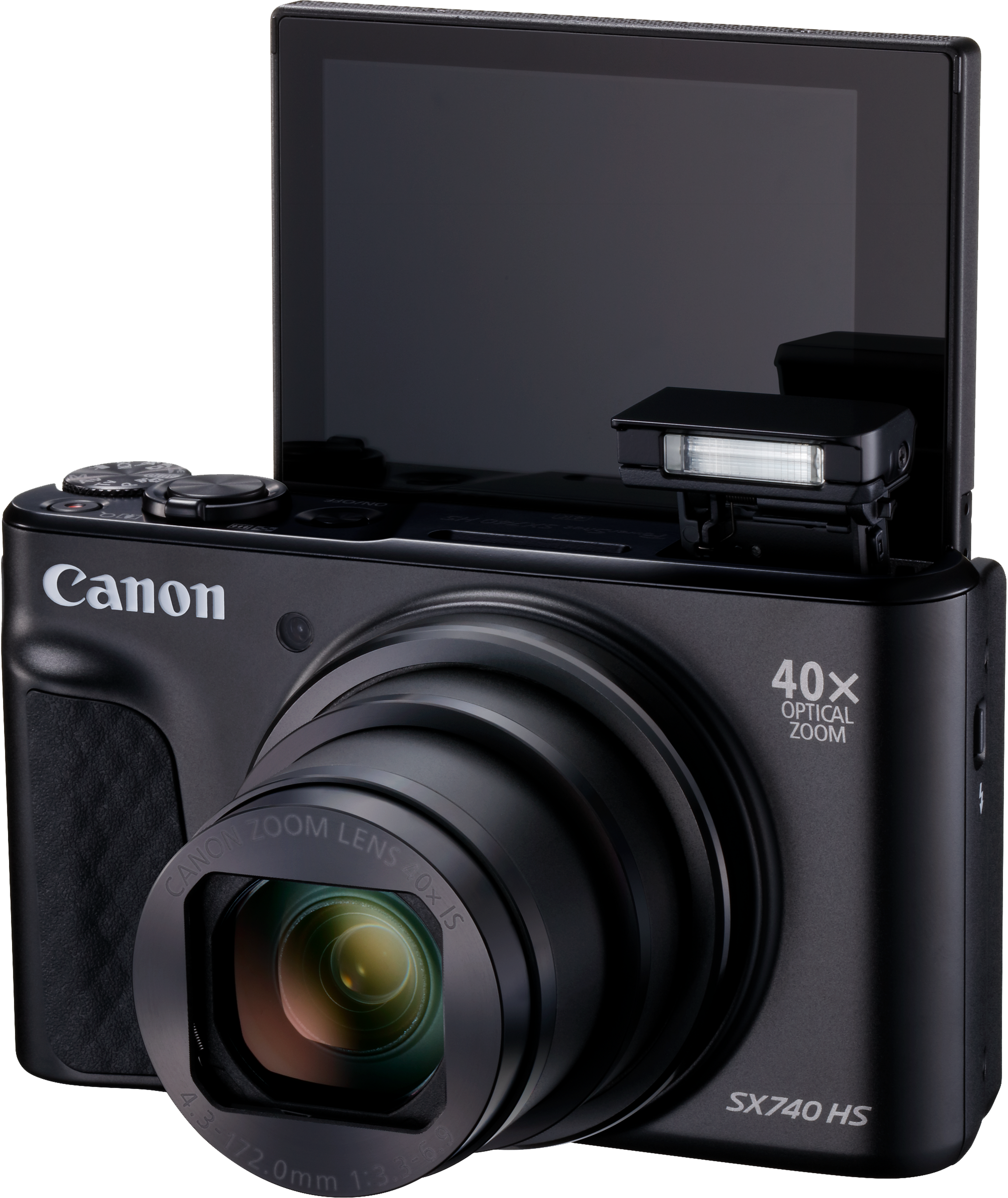Fotocamera Canon nera con schermo orientabile e flash.