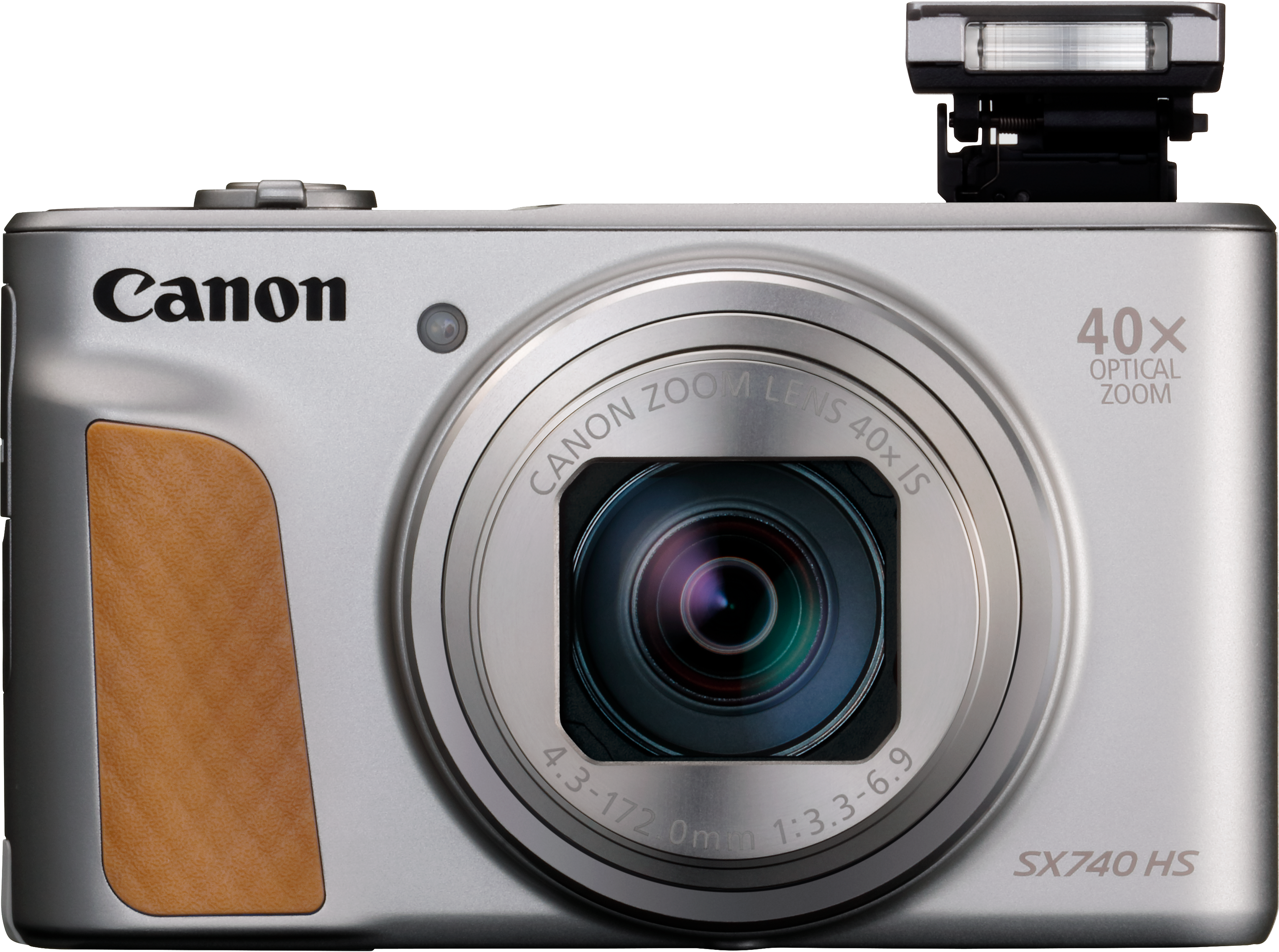 Silberne Canon SX740 HS Kamera mit Blitz oben und braunem Griff. Sie hat ein Zoomobjektiv und das Wort Canon darauf.