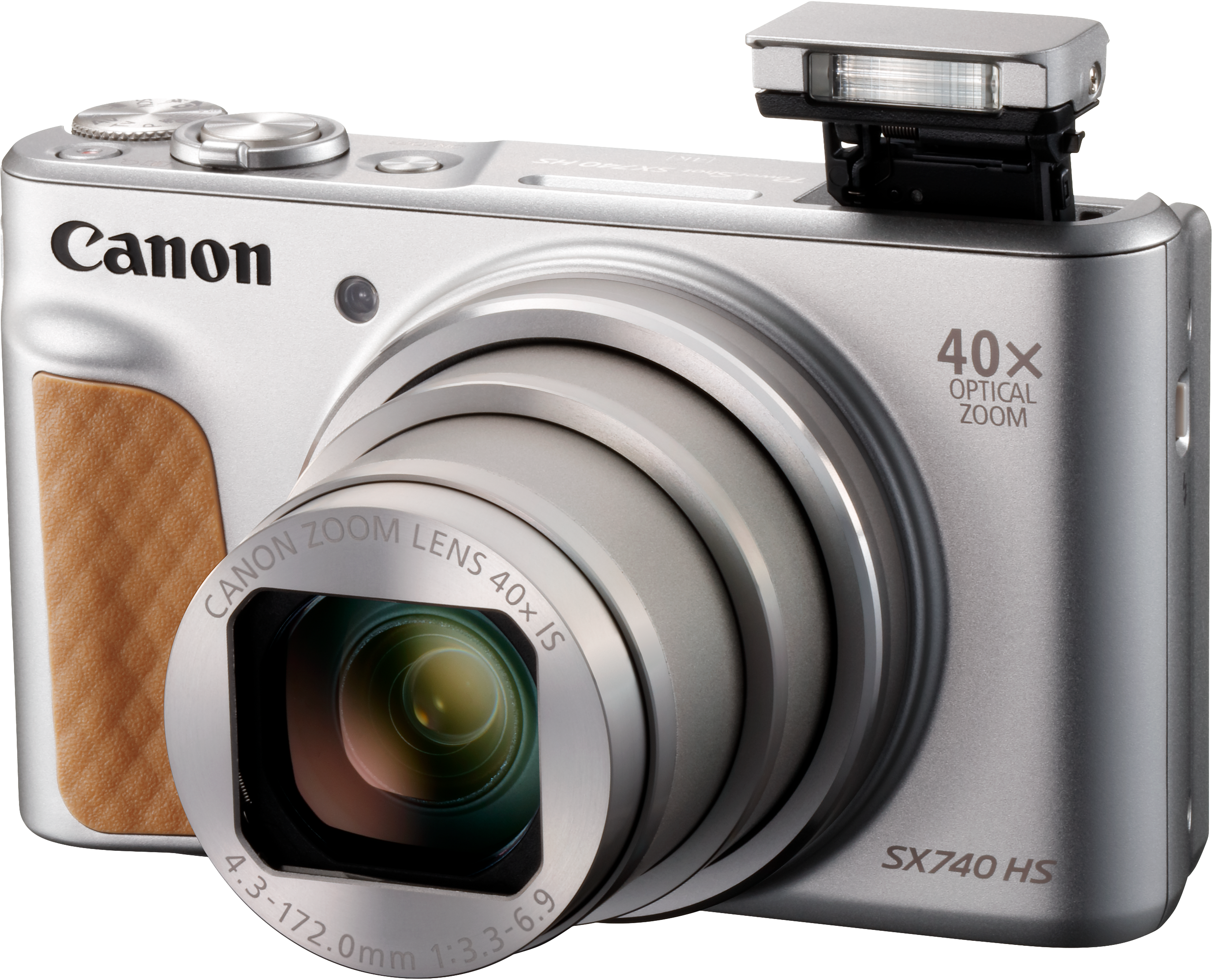 Silberne Canon SX740 HS Kamera. Merkmale umfassen ein 40-fach optisches Zoomobjektiv, eingebauten Blitz und einen braunen Ledergriff.