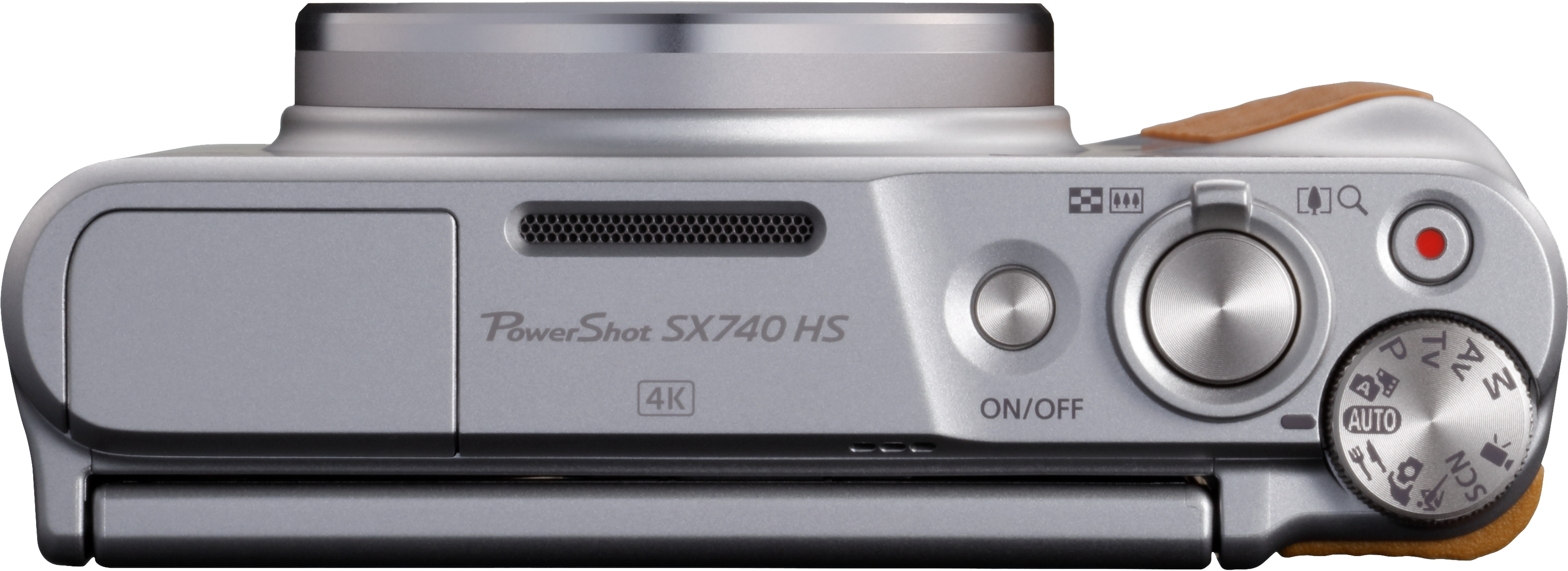Draufsicht auf eine silberne Canon PowerShot SX740 HS Kamera. Hat Wählscheiben, Tasten und einen Pop-up-Blitz. Braunes Lederdetail vorhanden.