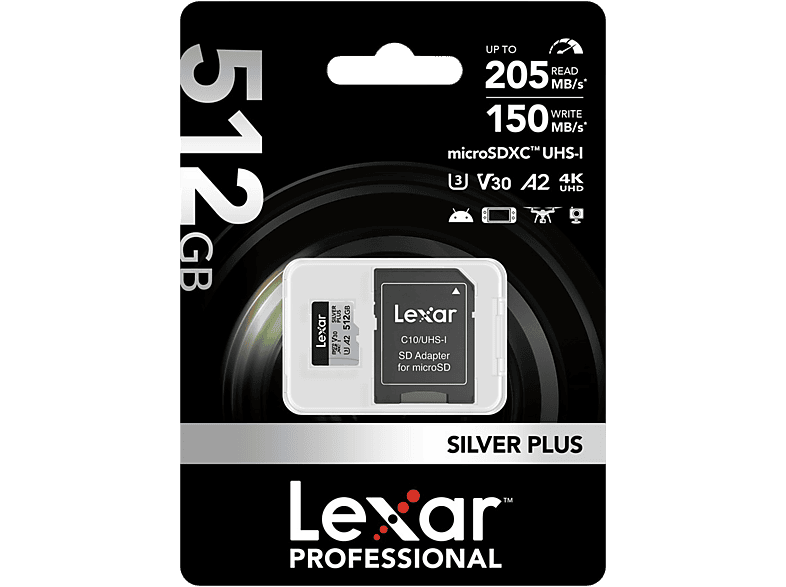 LEXAR 512GB Yüksek Performanslı Silver Plus microSDXC UHS-I up to 205MB/s Okuma 150MB/s Yazma Hafıza Kartı