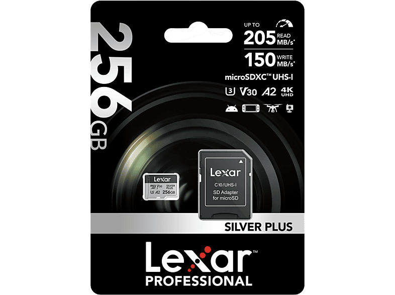 LEXAR 256GB Yüksek Performanslı Silver Plus microSDXC UHS-I 205MB/s Okuma 150MB/s Yazma Hafıza Kartı