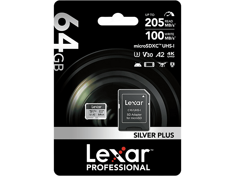 LEXAR 64GB Yüksek Performanslı Silver Plus microSDXC UHS-I up to 205MB/s Okuma 100MB/s Yazma Hafıza Kartı