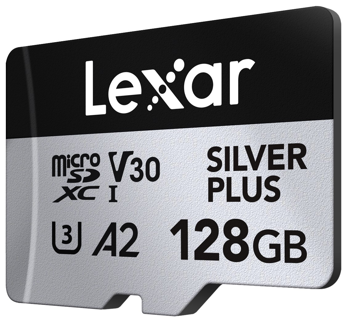 Lexar logosu ile gümüş ve siyah mikro SD kart.