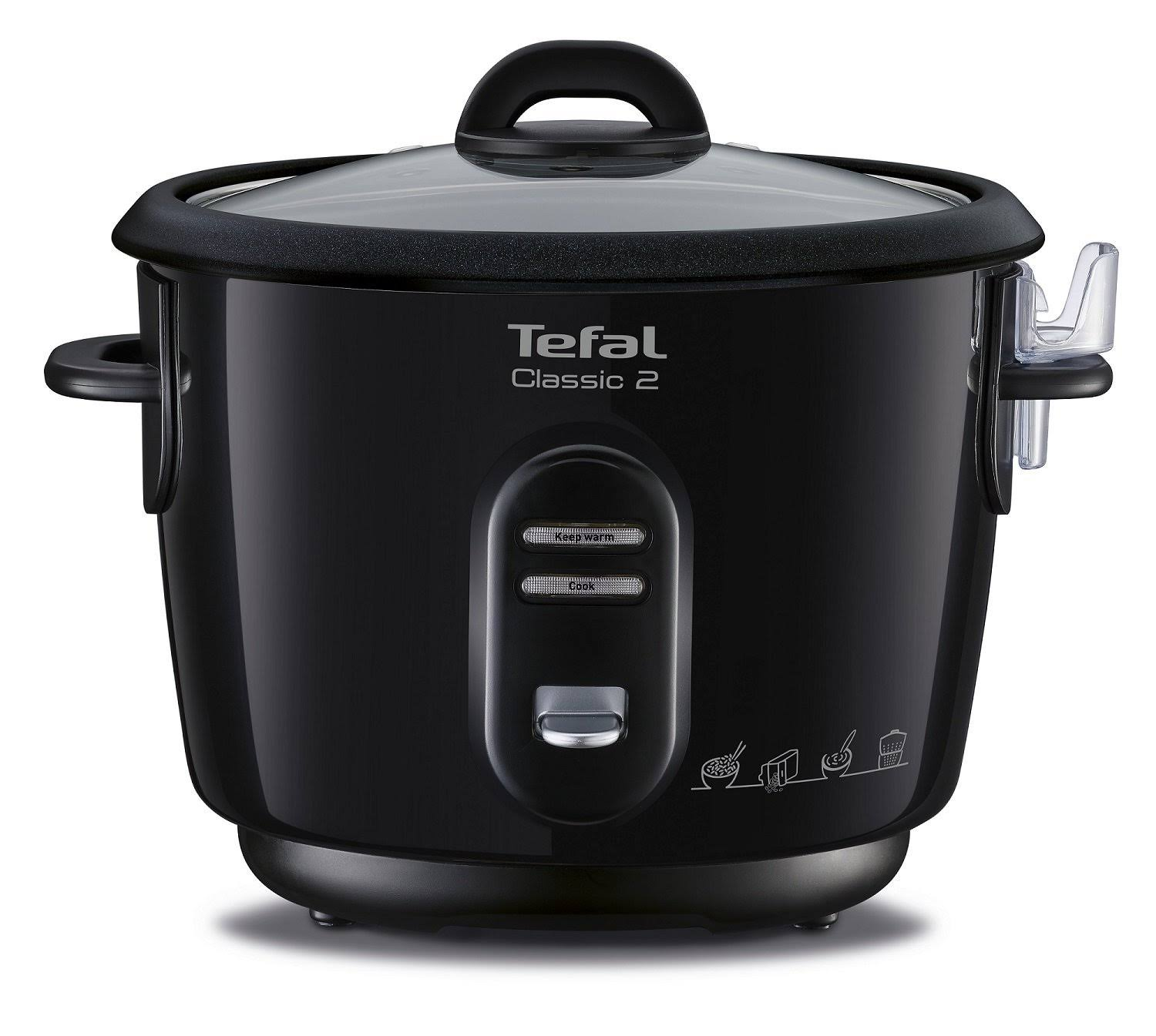 Olla arrocera Tefal Classic 2 negra, botones, tapa de vidrio, fondo blanco.