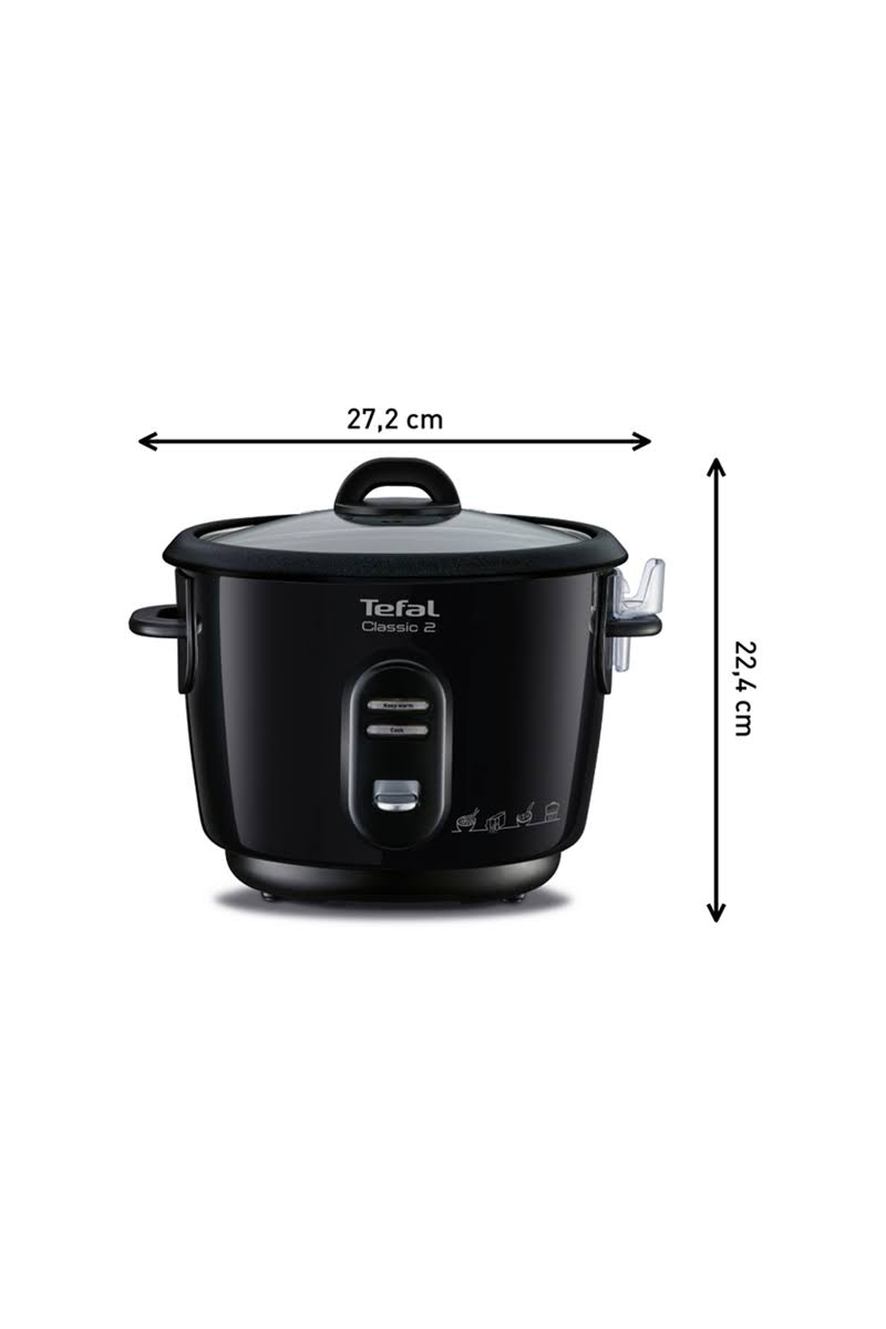 Arrocera Tefal negra con dimensiones: 27,2 cm ancho, 22,4 cm alto. Tapa de vidrio.