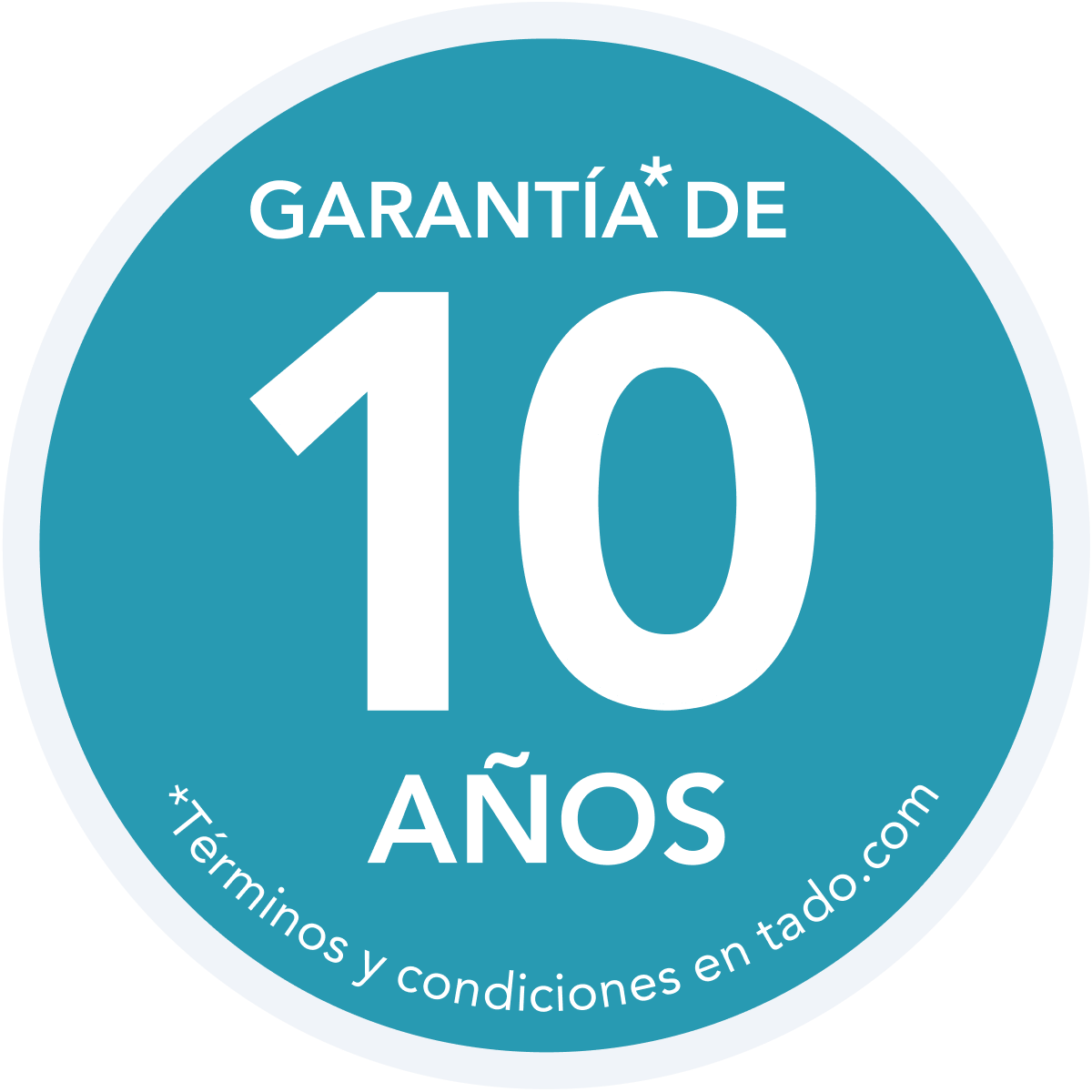 Un círculo turquesa con texto blanco, que dice 'GARANTÍA DE 10 AÑOS' y texto pequeño abajo.