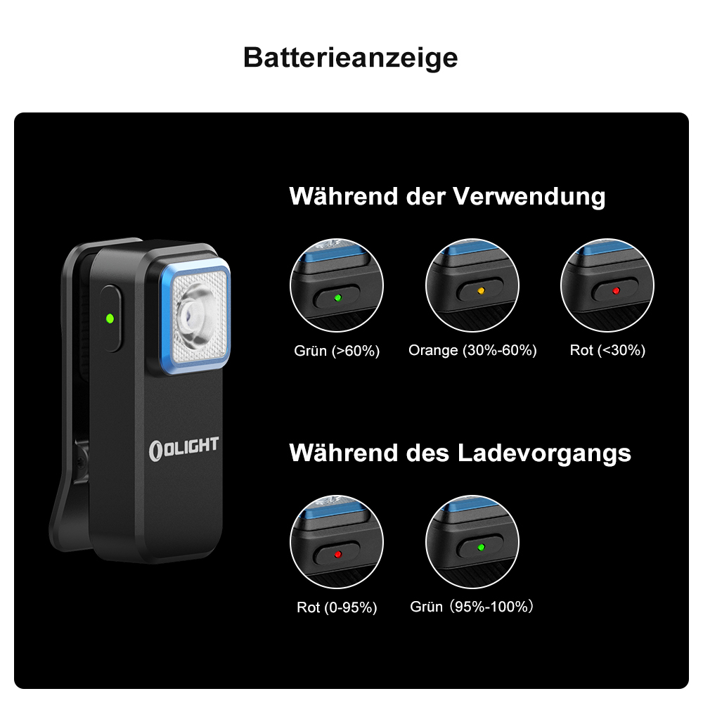 Schwarze Taschenlampe mit grünen und orangenen Lichtanzeigen.