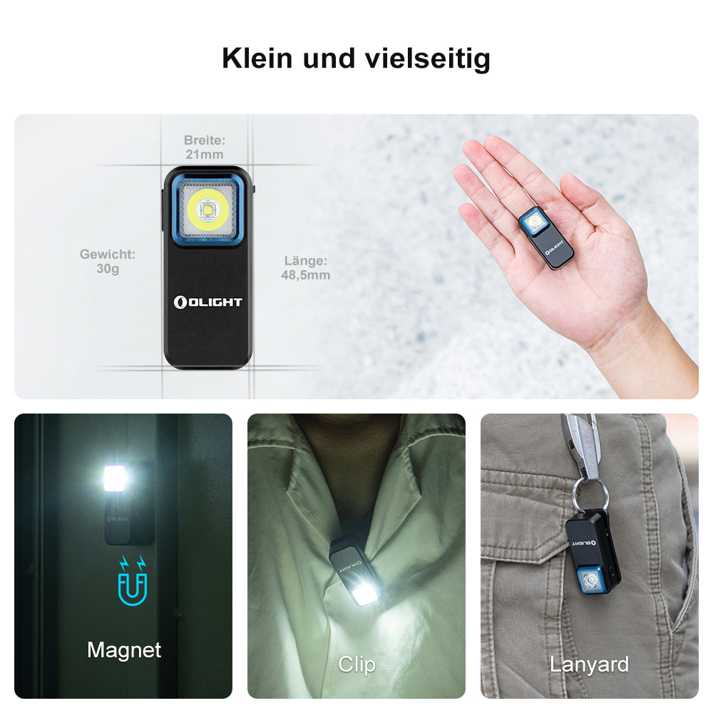 Eine Produktanzeige mit einer kleinen Taschenlampe, die ihre Größe, Funktionen und Anwendungsszenarien zeigt.