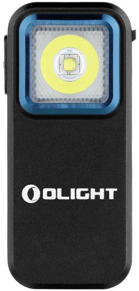 Eine schwarze Taschenlampe mit blauem Rahmen und quadratischer Lichtquelle, Olight-Branding.
