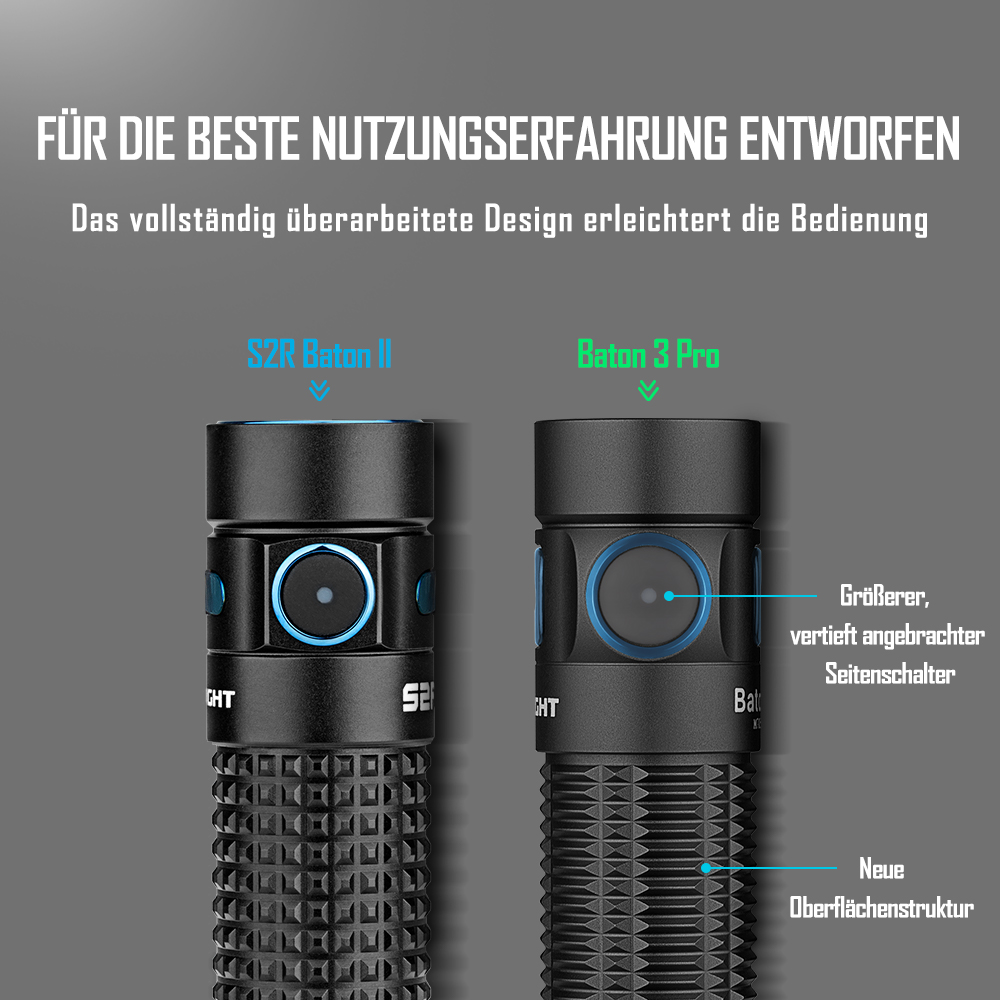 Bild zeigt zwei schwarze Taschenlampen. Eine ist S2R Baton II und die andere Baton 3 Pro. Text hebt neue Funktionen und Design hervor.