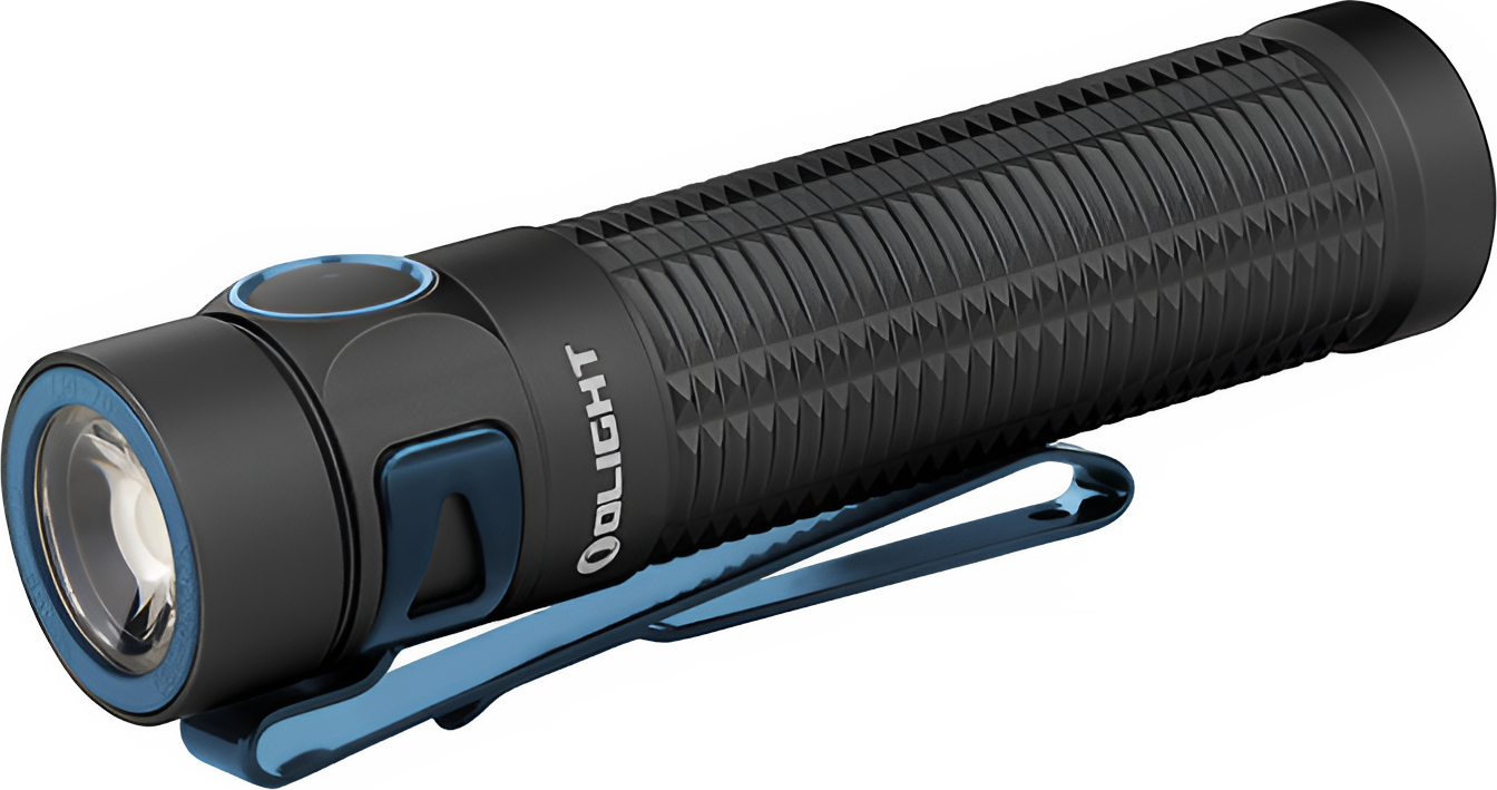 Schwarze Olight Taschenlampe mit blauen Akzenten. Sichtbare Linse und Taschenclip. Schwarzer Griff.