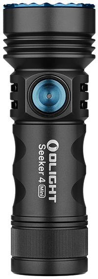 Schwarze Olight Seeker 4 Mini Taschenlampe mit blauen Akzenten oben und in der Mitte, weißer Text.