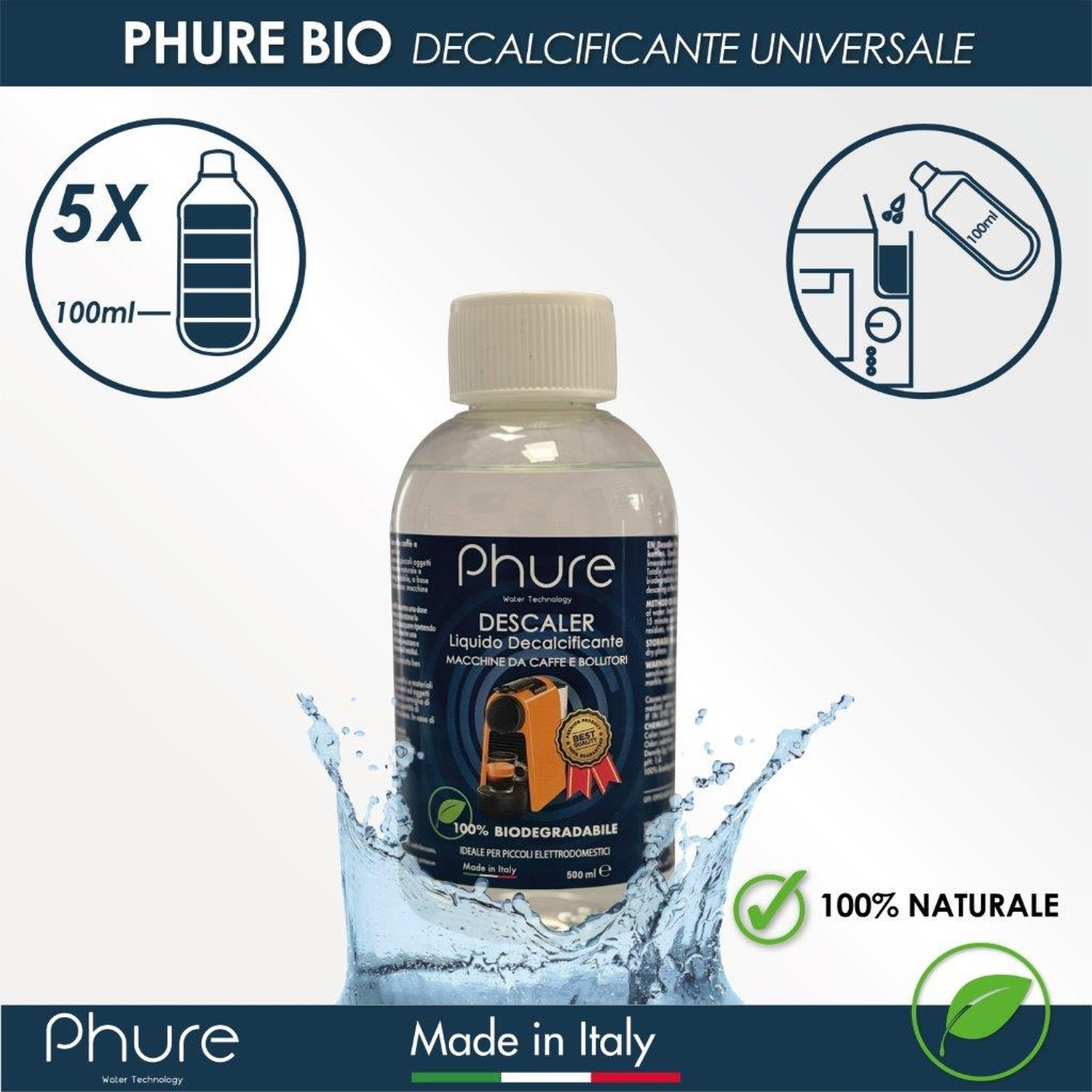 Bottiglia di decalcificante Phure Bio e spruzzi d'acqua, con 5x bottiglie da 100 ml e un misurino da 100 ml.