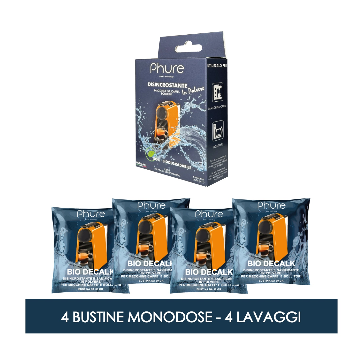 Quattro bustine di decalcificante Phure Bio, con immagine macchina caffè, in una scatola con testo e design.