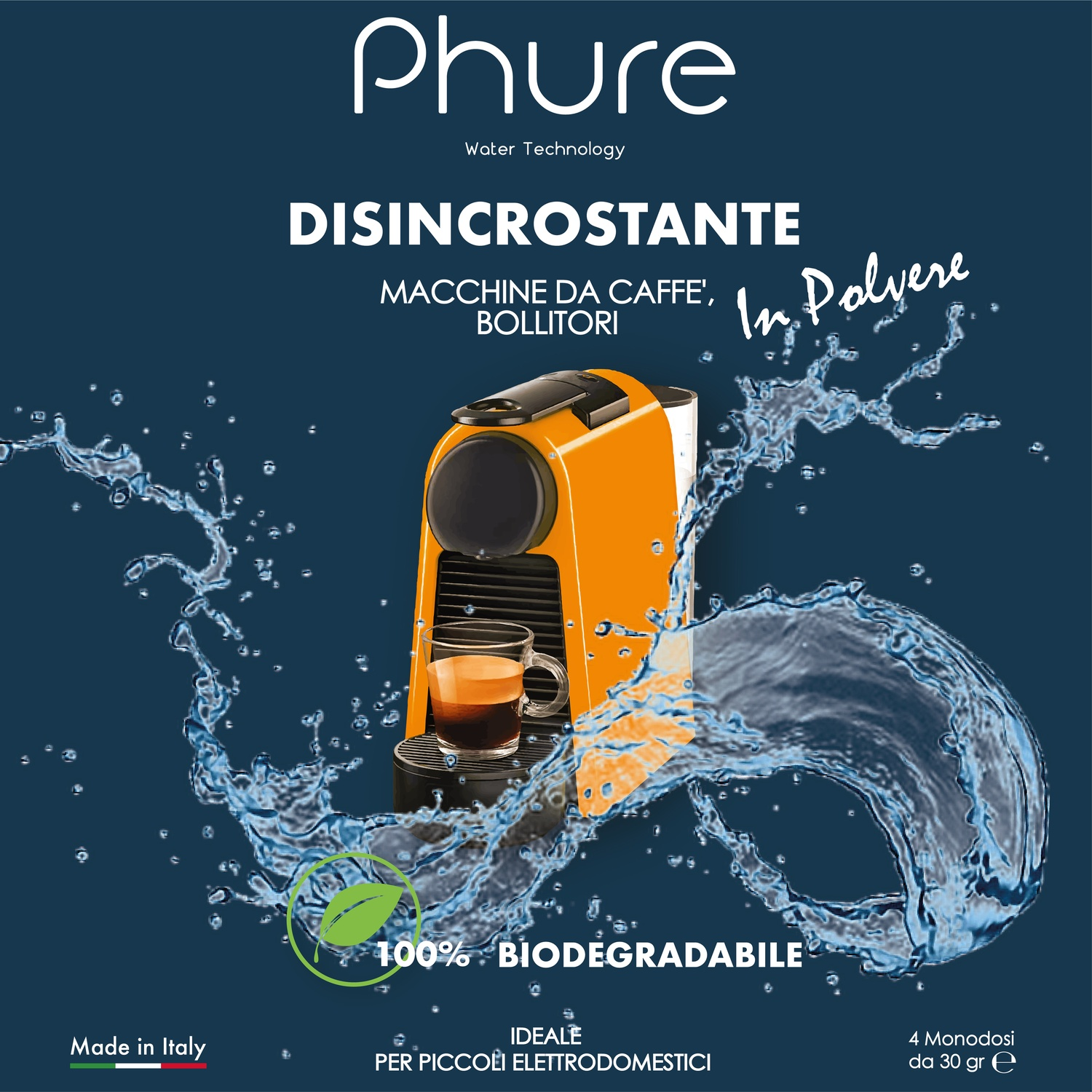 Prodotto decalcificante Phure, una macchina per caffè arancione, spruzzi d'acqua, con testo e un'icona a foglia.