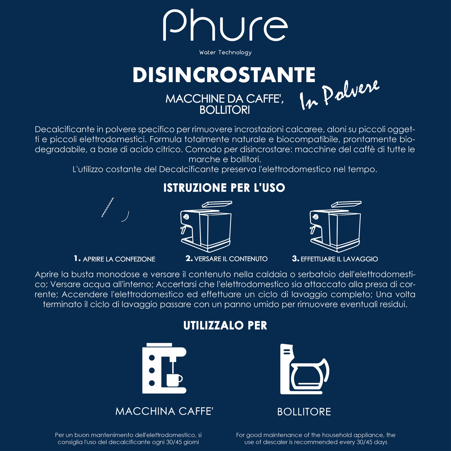Grafico didattico: Istruzioni per l'uso di un prodotto anticalcare per macchine da caffè e bollitori.