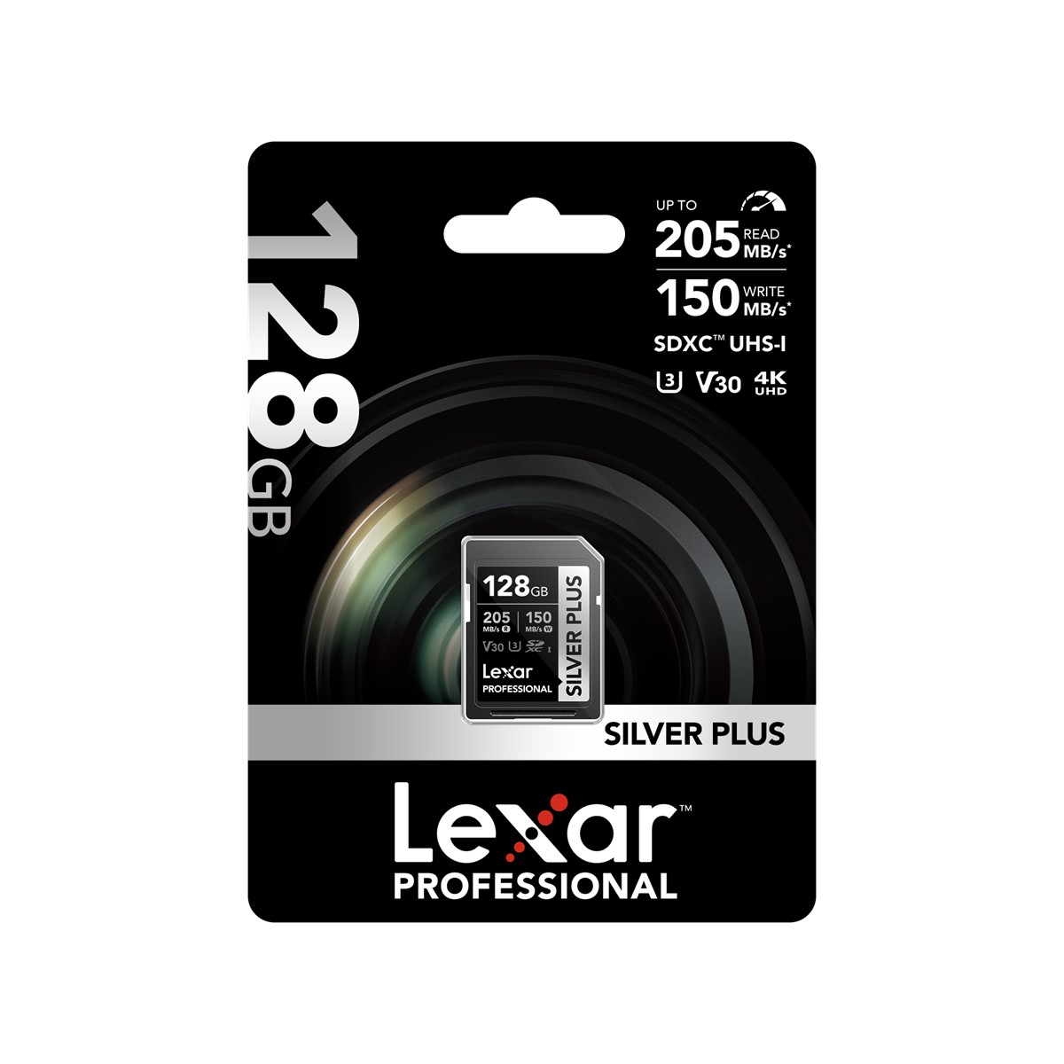 Lexar Professional 128GB SD kart paketi. Kart gümüş ve siyah, lens görüntüsü ile.