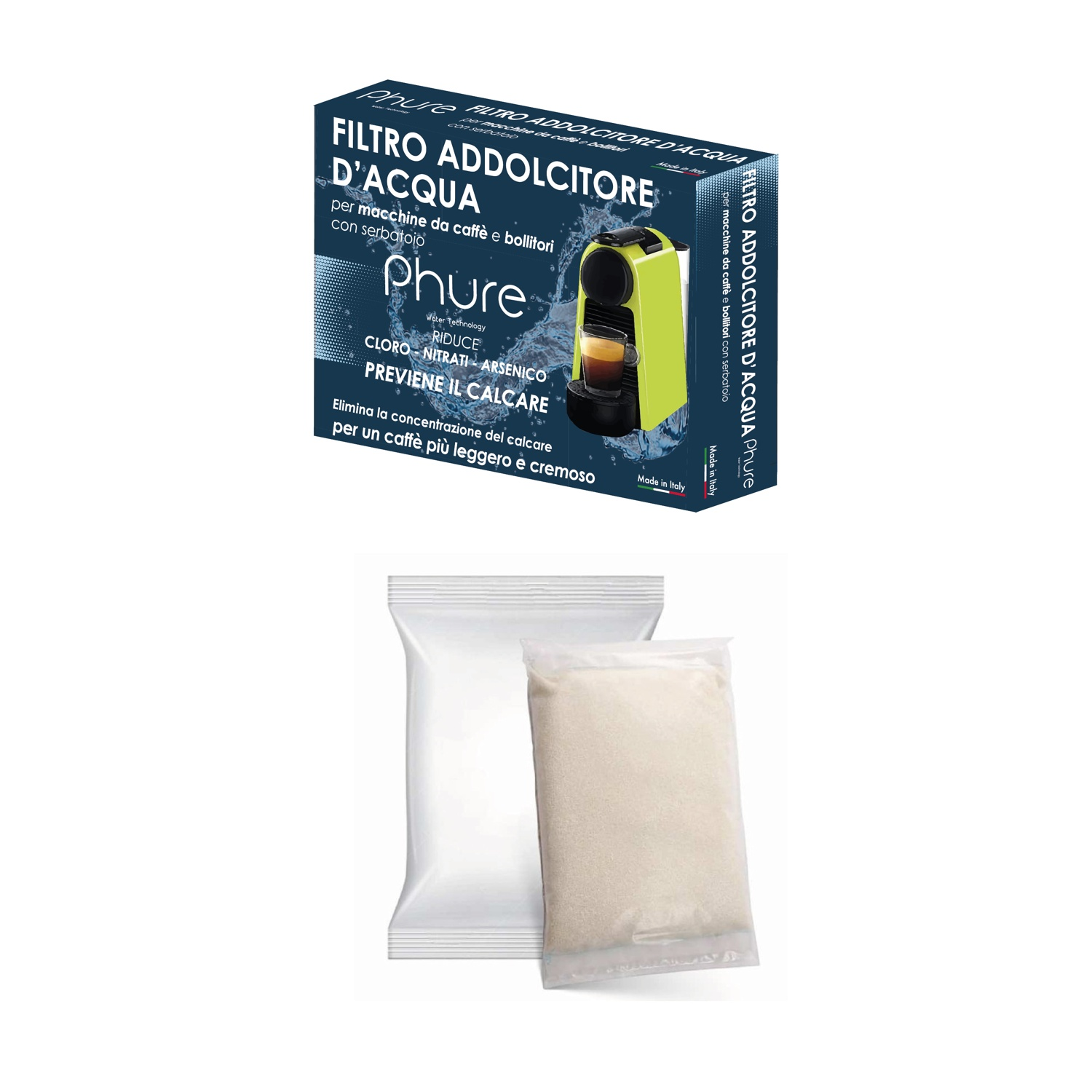 Scatola con cartucce filtranti e due sacchetti filtranti bianchi sigillati.