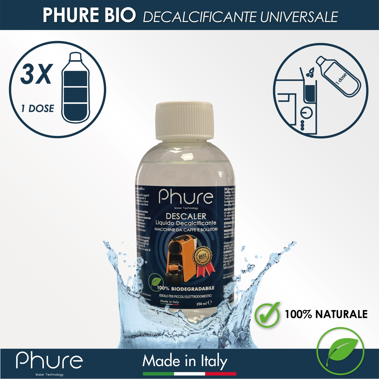 Flacone con prodotto decalcificante, schizzi d'acqua e grafica che indica una dose.
