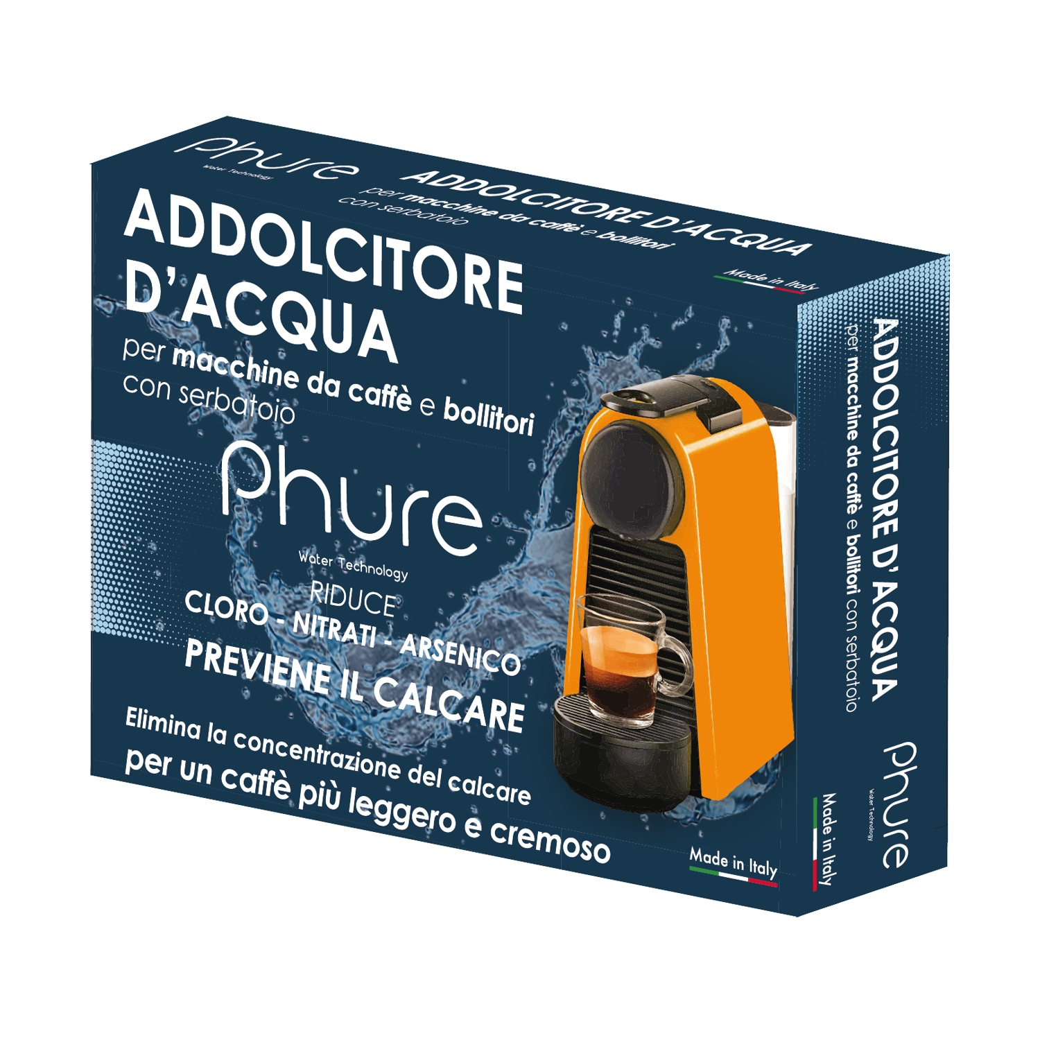 Una scatola con una macchina Nespresso e il testo: ADDOLCITORE D'ACQUA. È arancione e bianco.