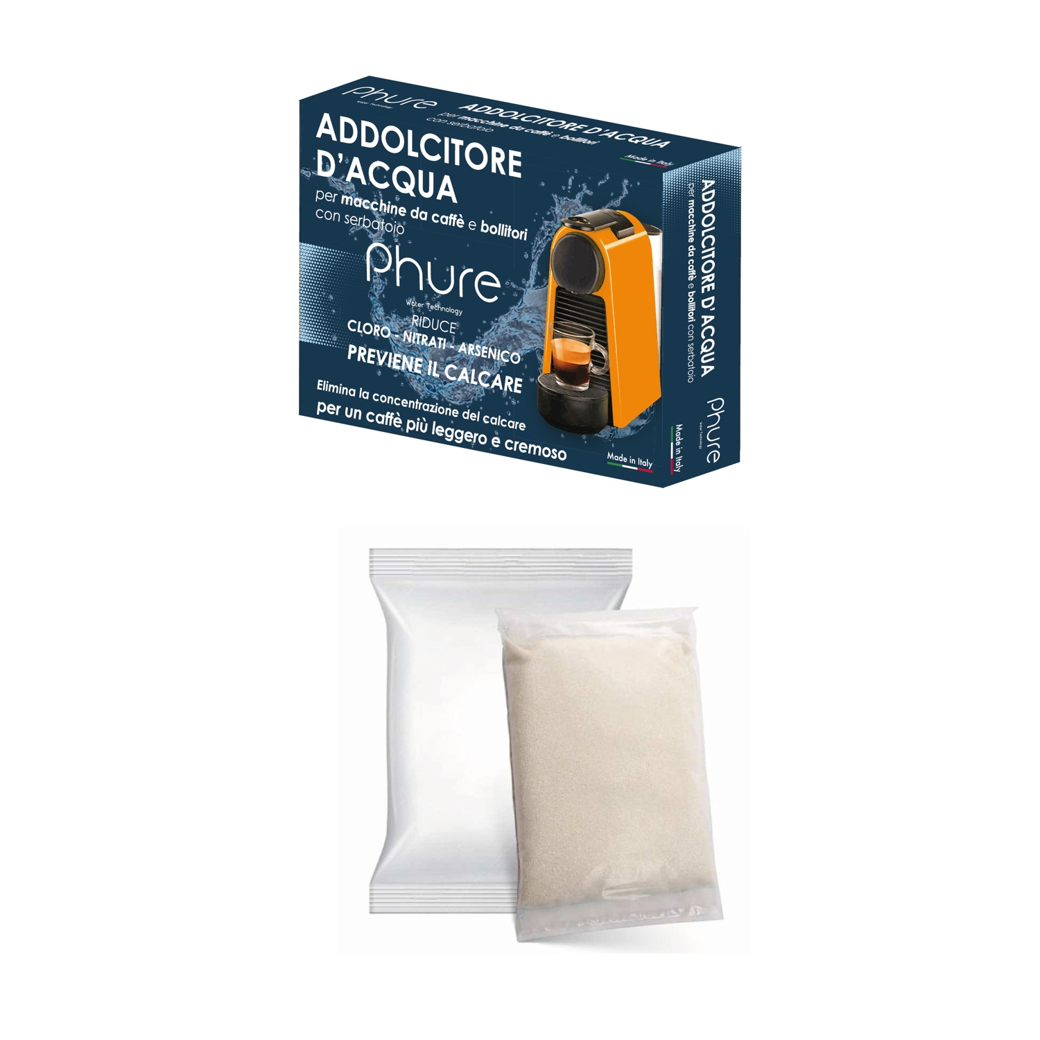 Scatola e due bustine. Scatola: immagine macchina caffè arancione, testo italiano. Bustine: bianche, piene di polvere.