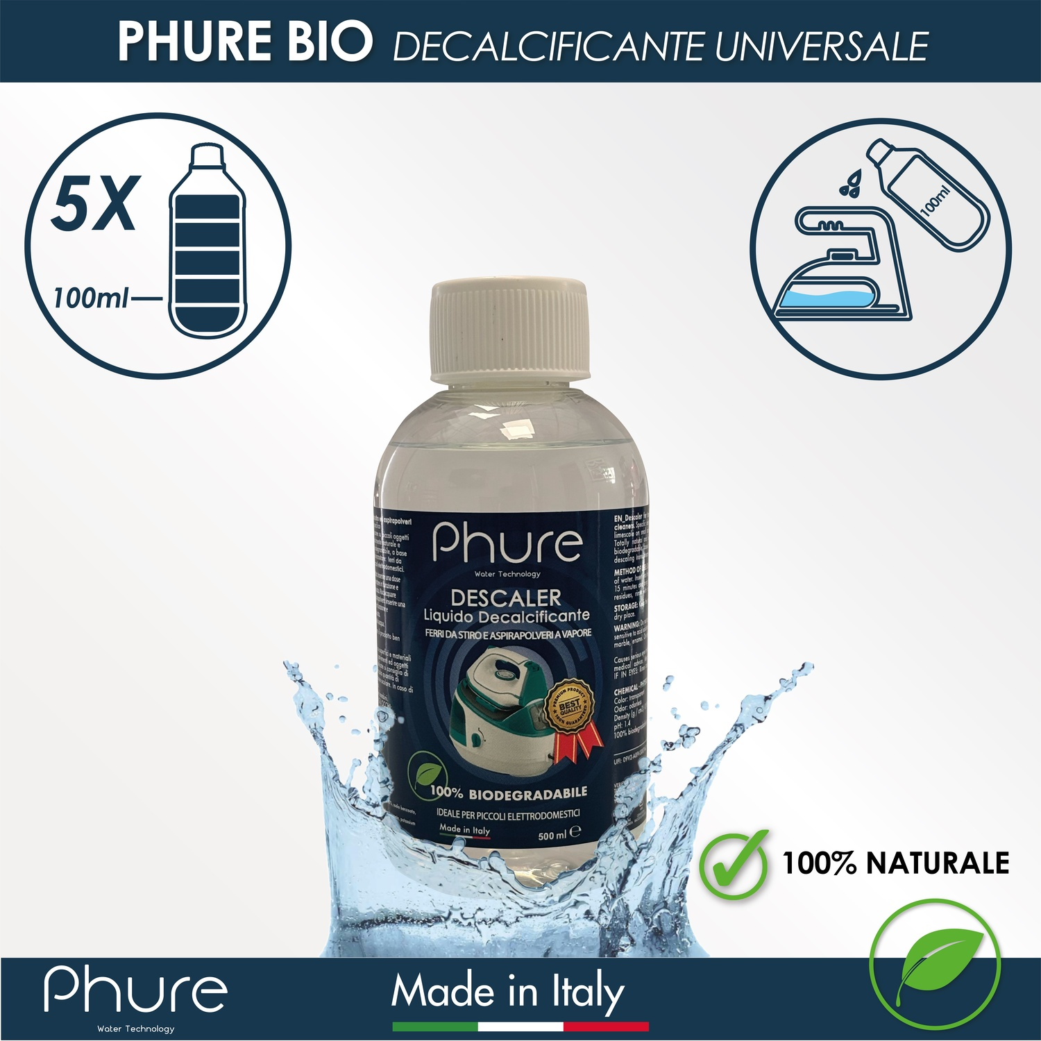 Una bottiglia di anticalcare universale Phure Bio è mostrata con schizzi d'acqua.