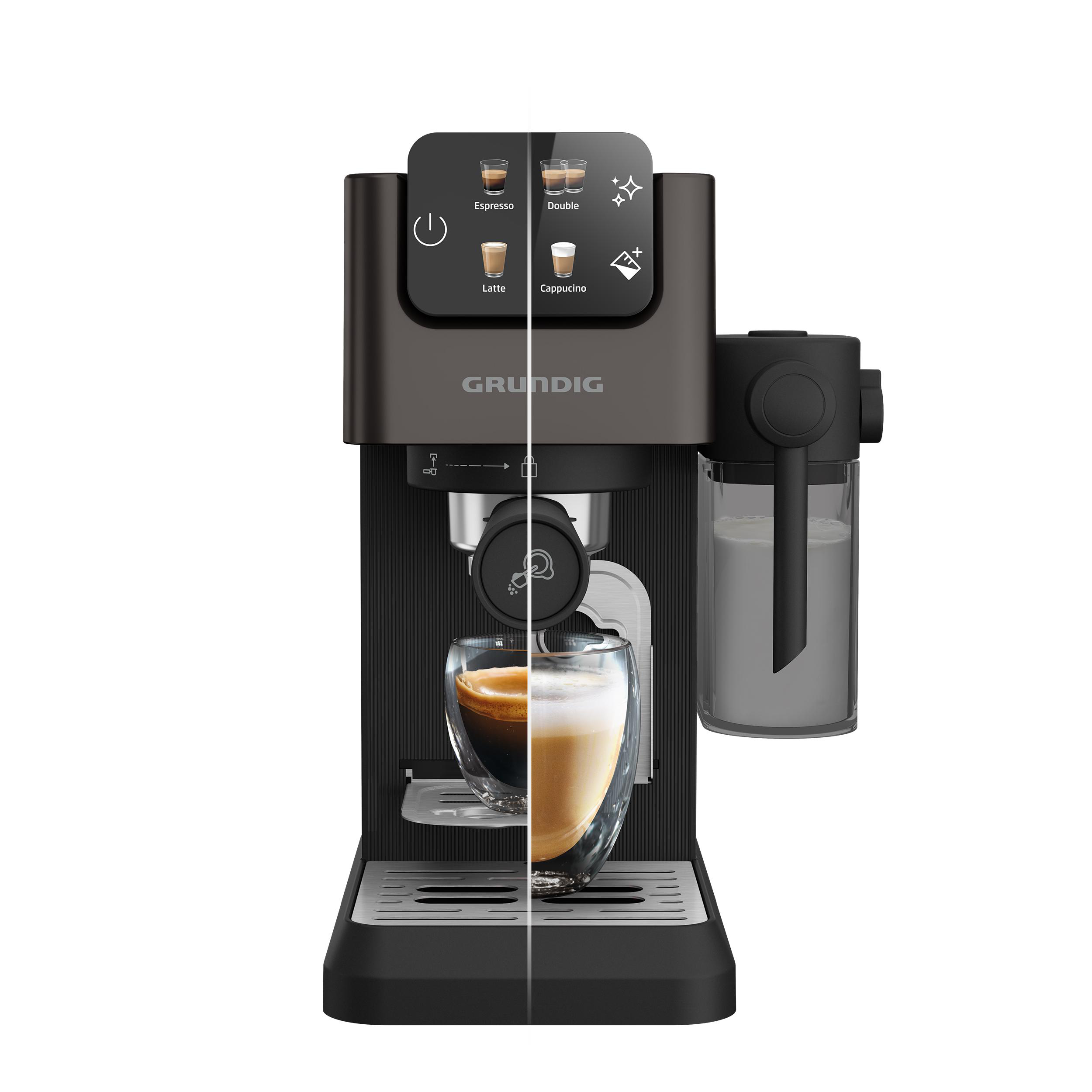 Kaffeemaschine mit Touchscreen-Bedienelementen und einem Glas mit Kaffee und Schaum.