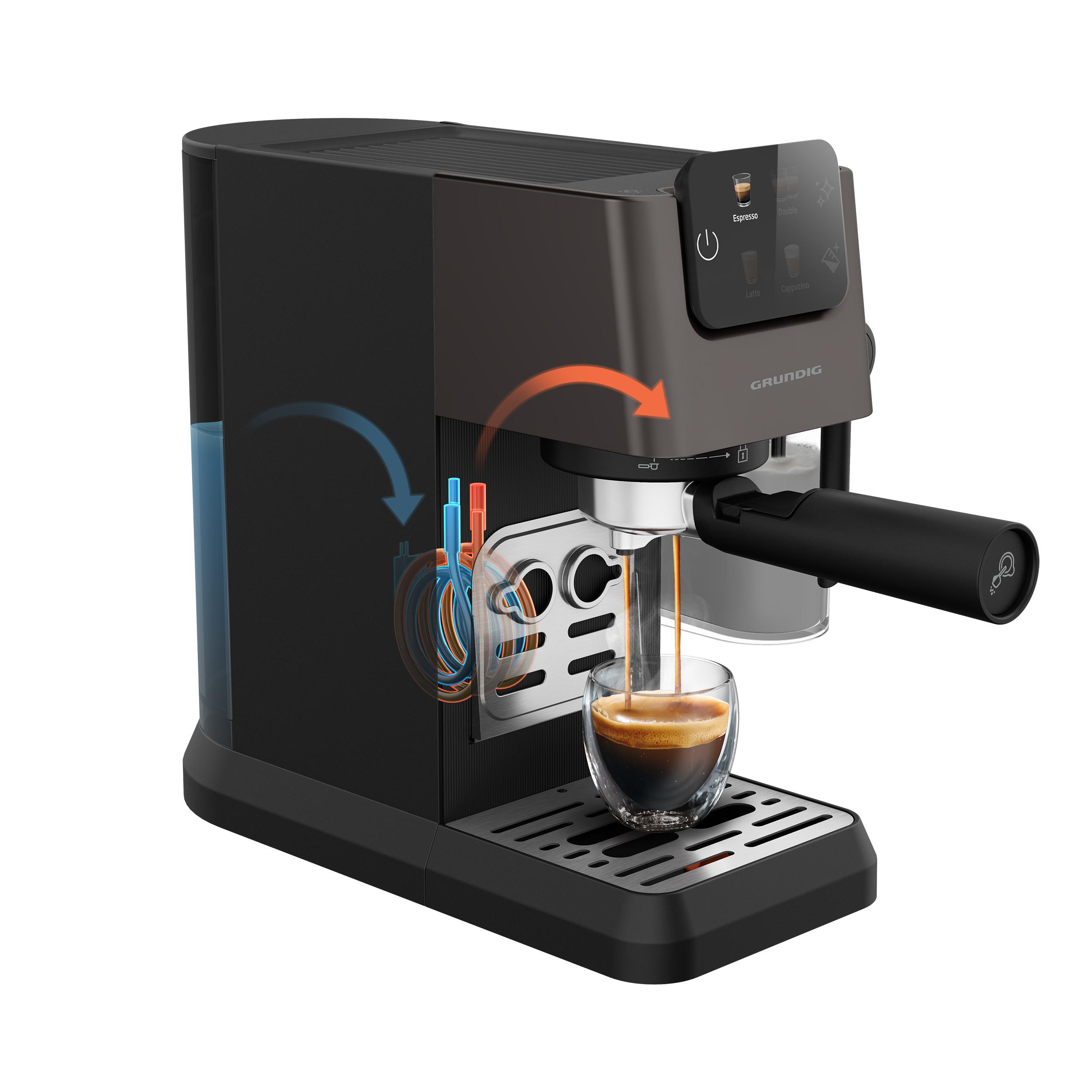 Schwarze und graue Espressomaschine mit einem Glas Kaffee, das den Brühvorgang zeigt.