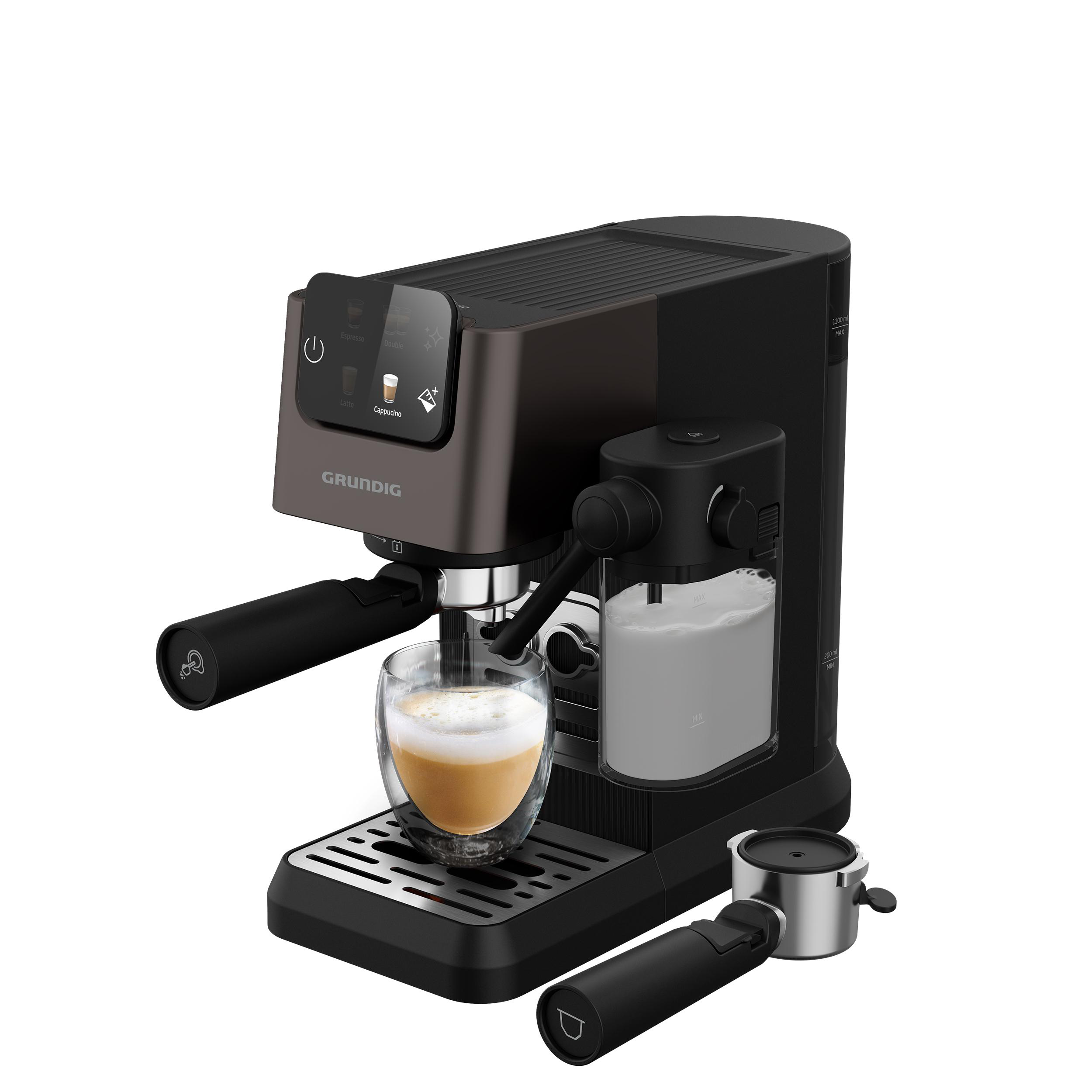 Schwarze und graue Espressomaschine, eine Tasse Latte und ein Siebträger.