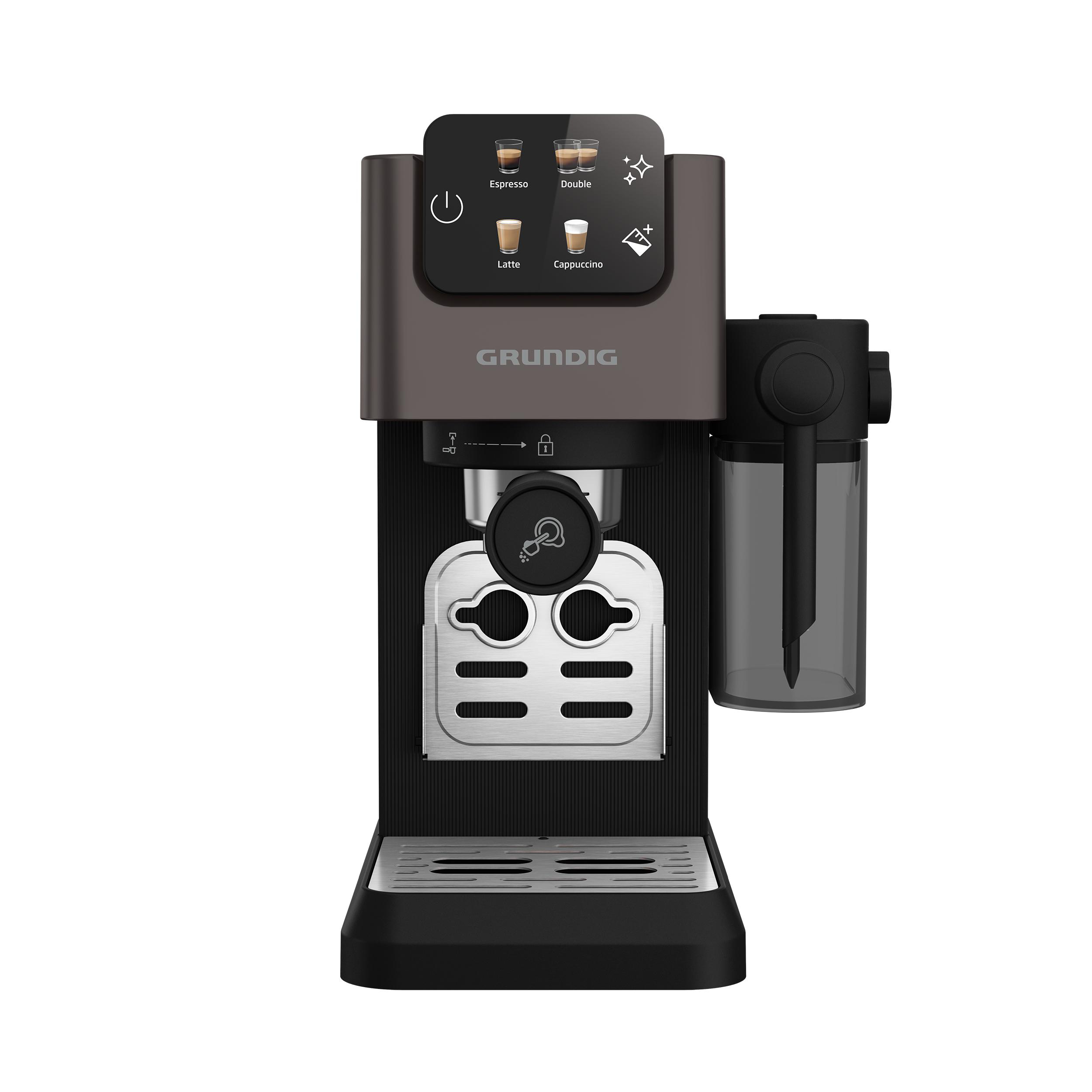 Vorderansicht einer schwarz-grauen Espressomaschine mit verschiedenen Kaffeeoptionen auf dem Display.