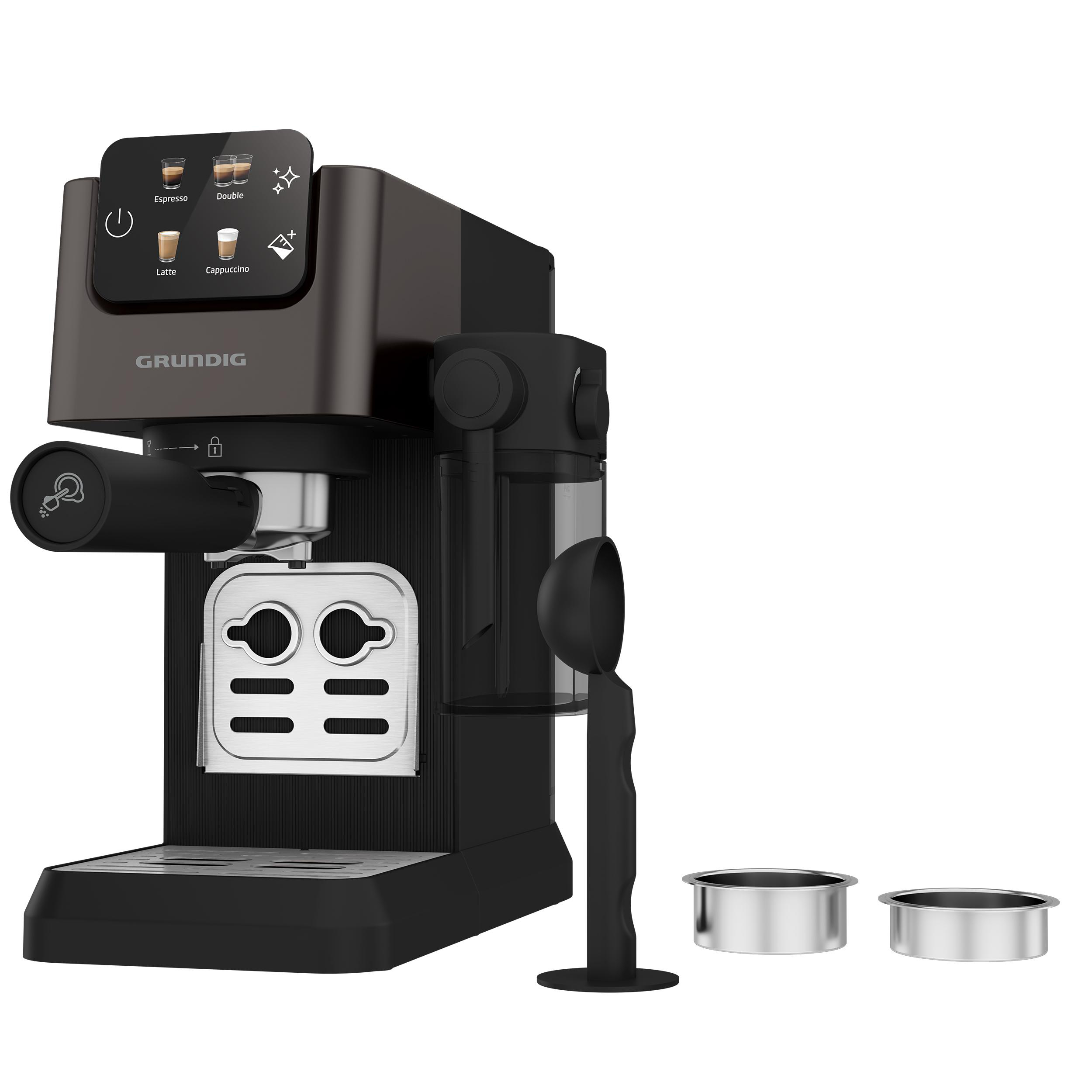 Schwarze und braune Kaffeemaschine mit verschiedenen Knöpfen und Aufsätzen.