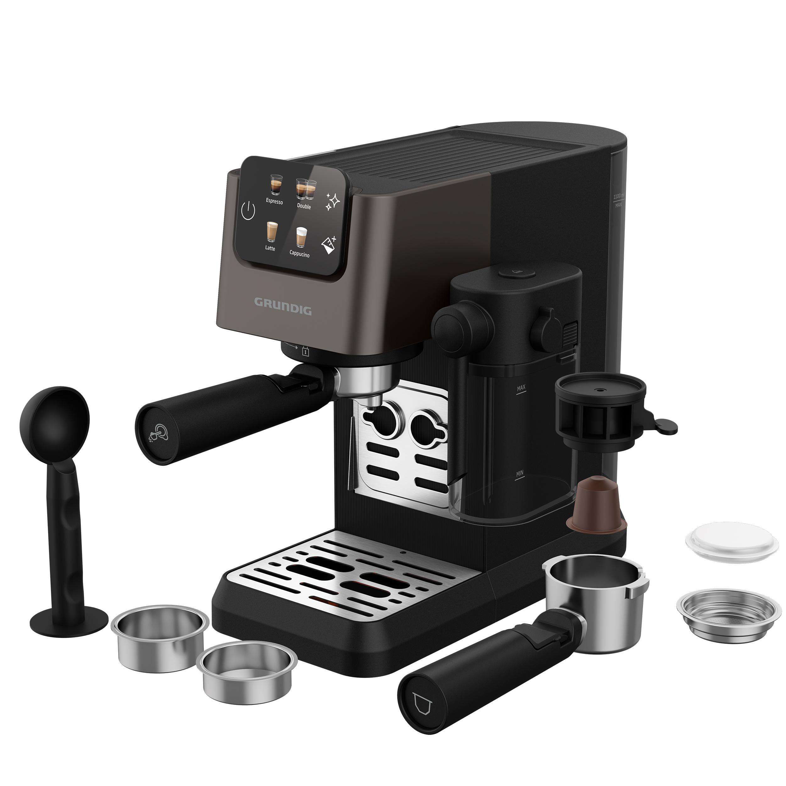 Espressomaschine mit Zubehör wie einem Messlöffel, Filterhalter und verschiedenen Filtern.