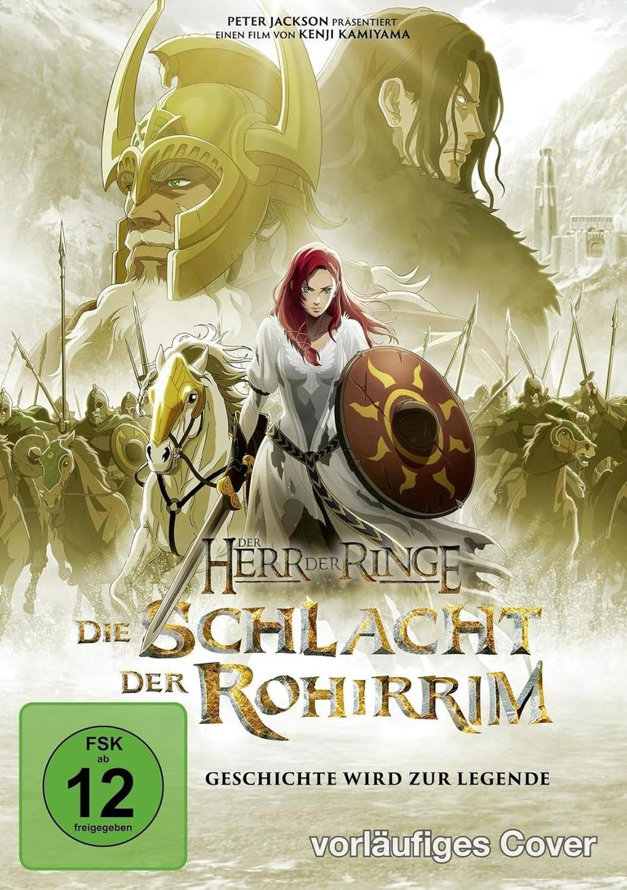 Filmplakat für 'Der Herr der Ringe: Die Schlacht der Rohirrim'. Mit Kriegern, einer Frau auf Pferd und Titel.