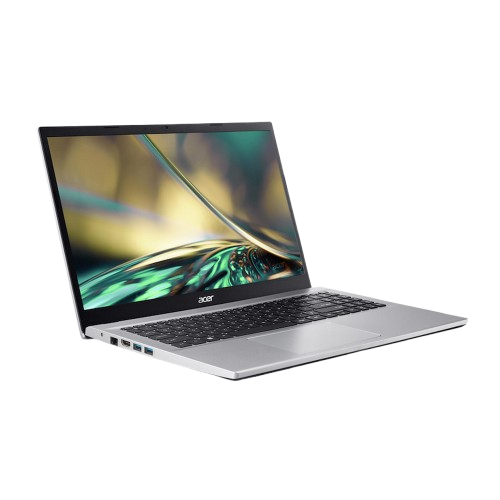 Ordenador portátil con cuerpo plateado y teclado negro, abierto en ángulo.